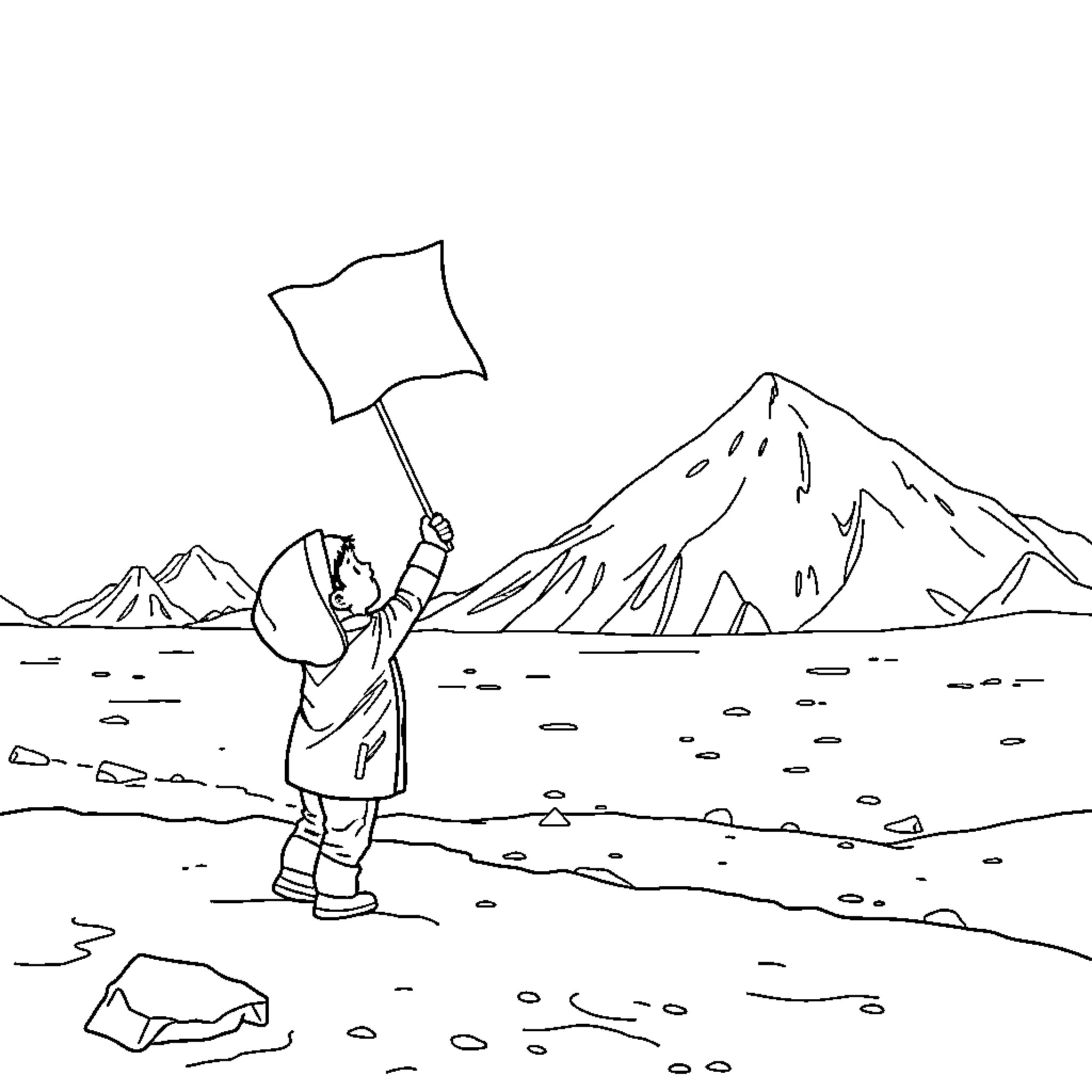 Child exploring snowy mountain landscape with flag Coloring Page (free black-and-white line drawing printable PDF for all, from beginners to advanced learners, including children, teens, adults, and seniors)