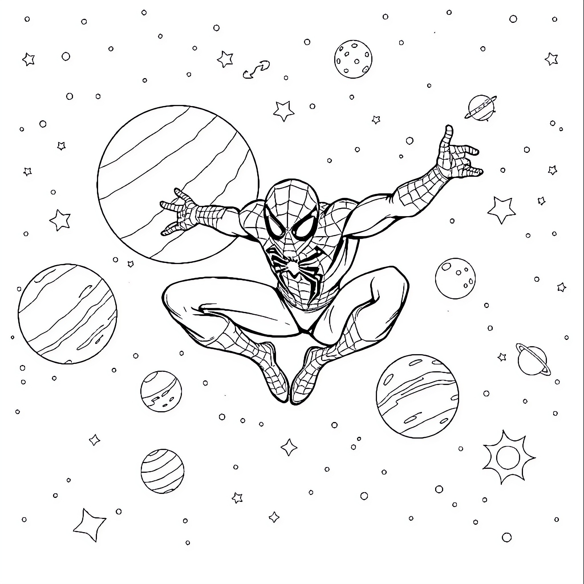 Spiderman Swinging Through the Cosmic Universe Coloring Page (free black-and-white line drawing printable PDF for all, from beginners to advanced learners, including children, teens, adults, and seniors)
