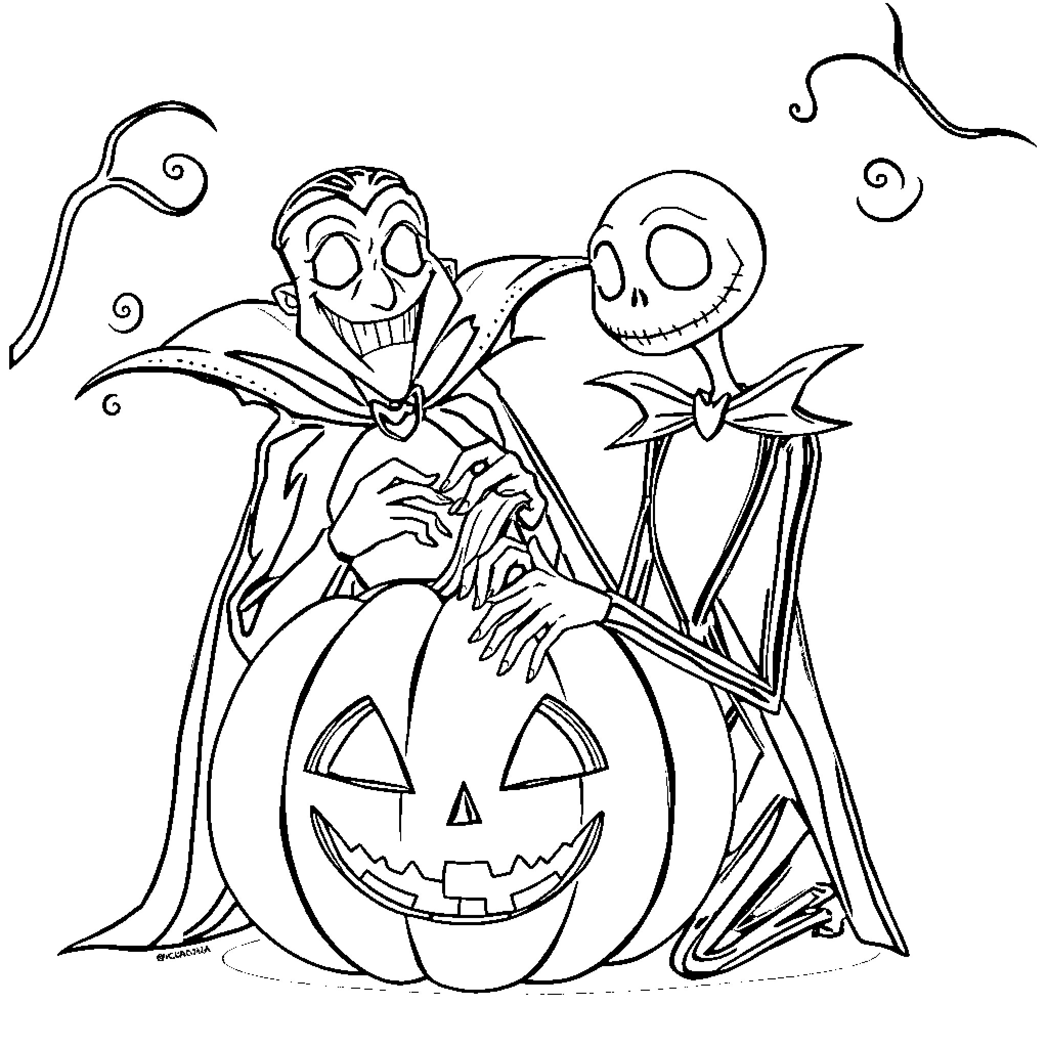 Dracula and Jack Skellington in Halloween Mischief Coloring Page (free black-and-white line drawing printable PDF for all, from beginners to advanced learners, including children, teens, adults, and seniors)