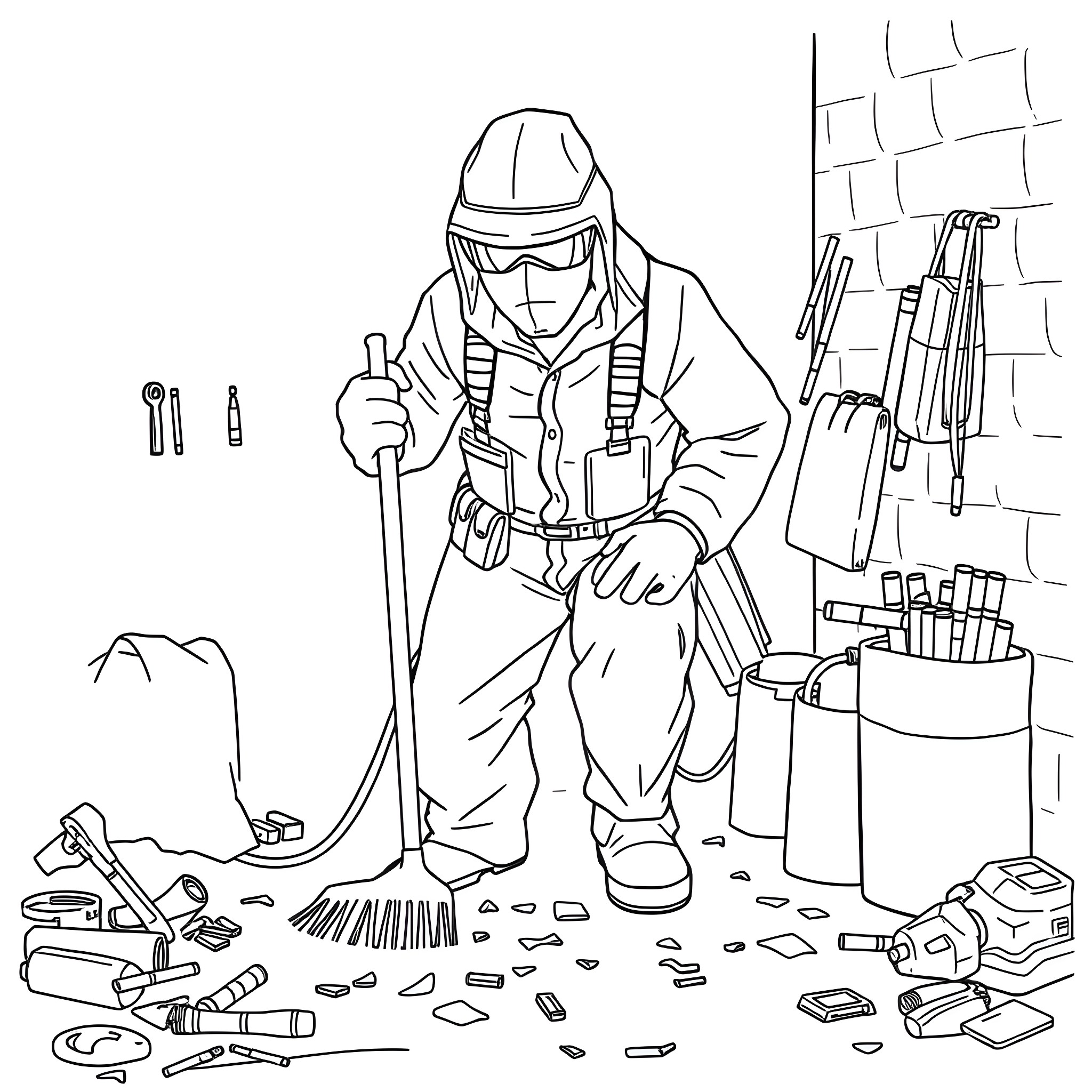 Crime Scene Cleaner Meticulously Tidies Up Aftermath Coloring Page (free black-and-white line drawing printable PDF for all, from beginners to advanced learners, including children, teens, adults, and seniors)