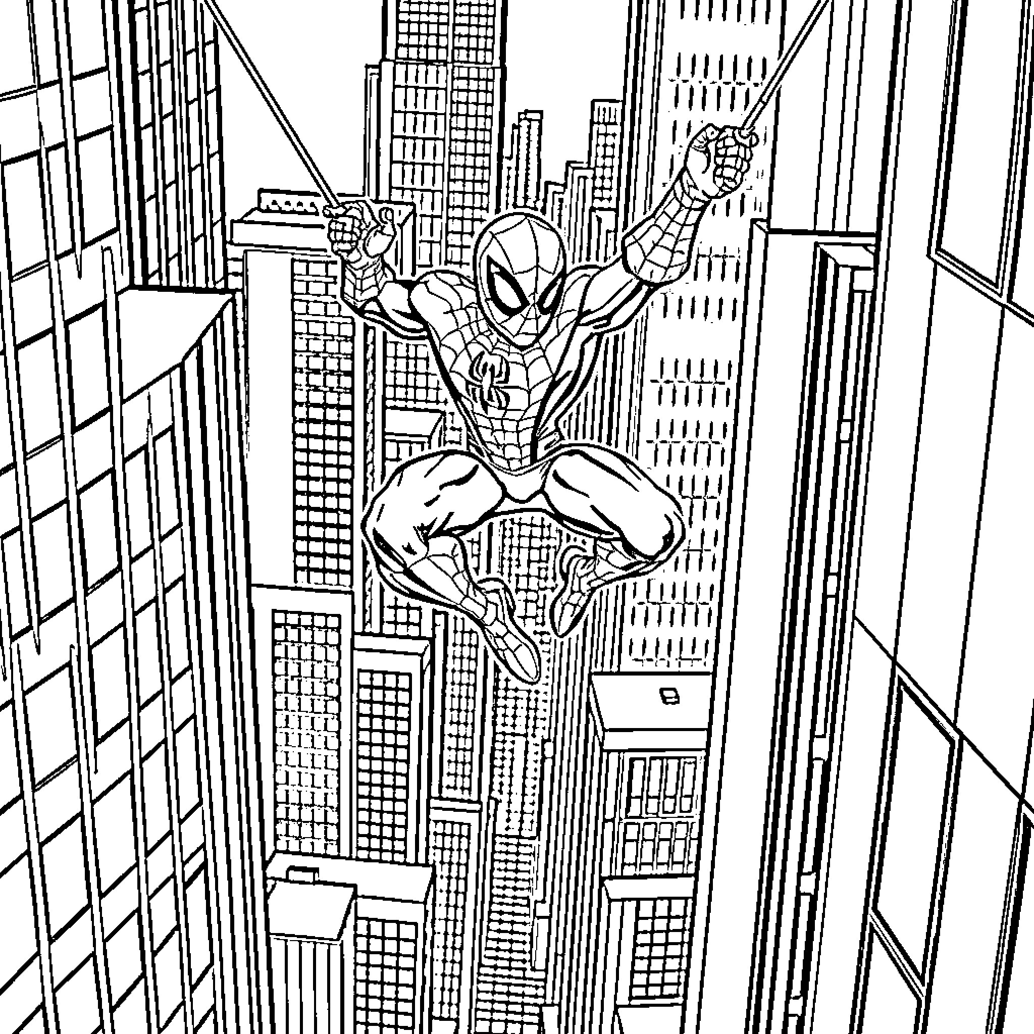 Spiderman swinging through the city skyline Coloring Page (free black-and-white line drawing printable PDF for all, from beginners to advanced learners, including children, teens, adults, and seniors)