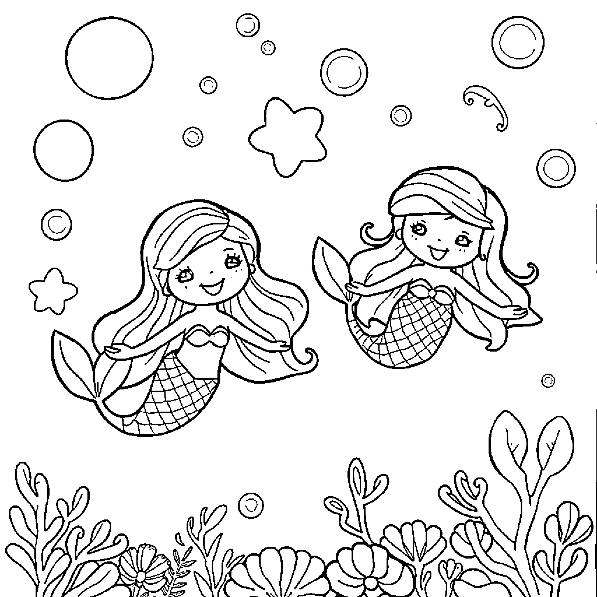 Mermaid friends in the underwater garden Coloring Page (free black-and-white line drawing printable PDF for all, from beginners to advanced learners, including children, teens, adults, and seniors)