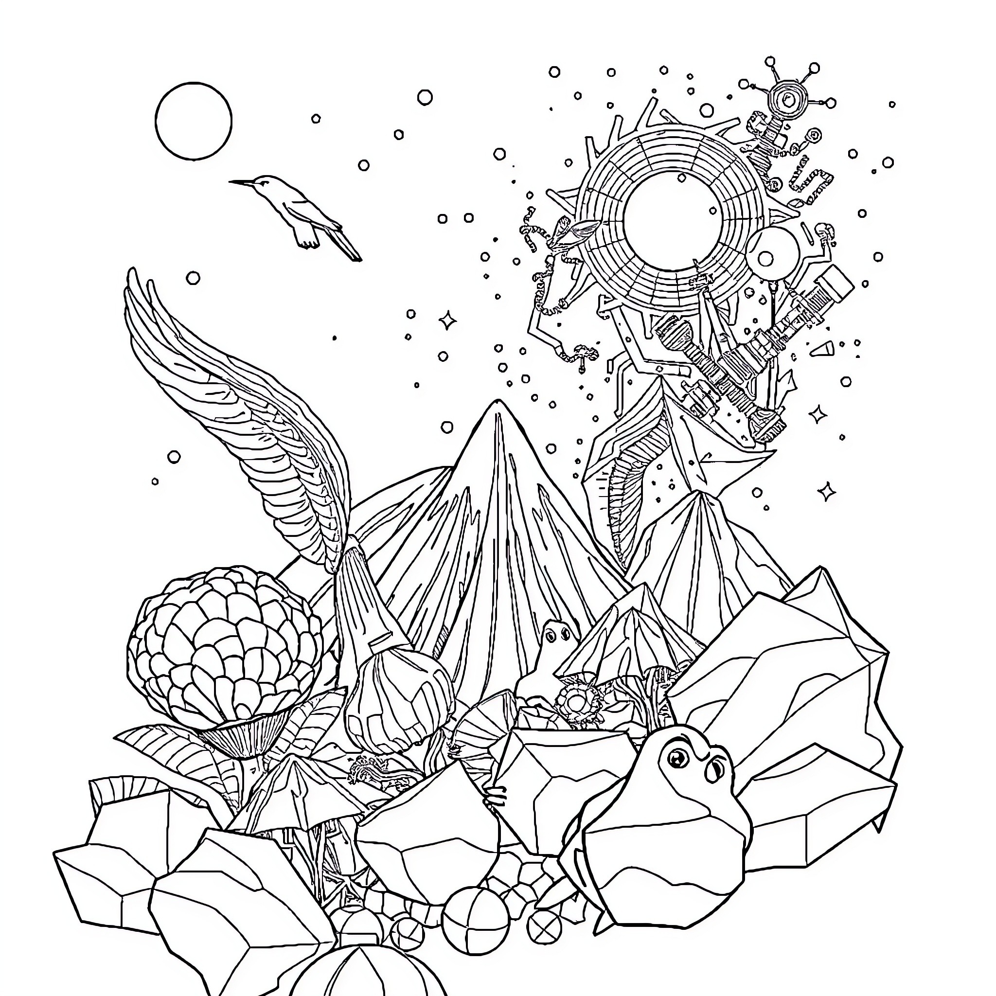 Marvel Characters in Cosmic Wonderland Coloring Page (free black-and-white line drawing printable PDF for all, from beginners to advanced learners, including children, teens, adults, and seniors)