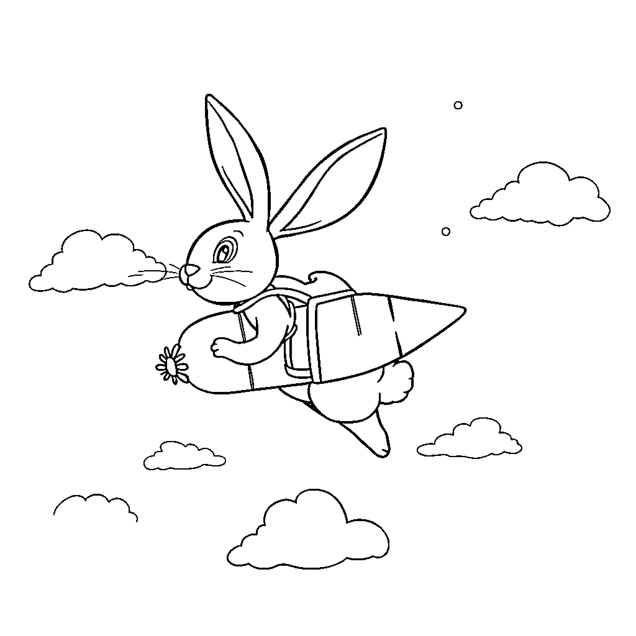 Rabbit soaring on a surfboard among the clouds Coloring Page (free black-and-white line drawing printable PDF for all, from beginners to advanced learners, including children, teens, adults, and seniors)