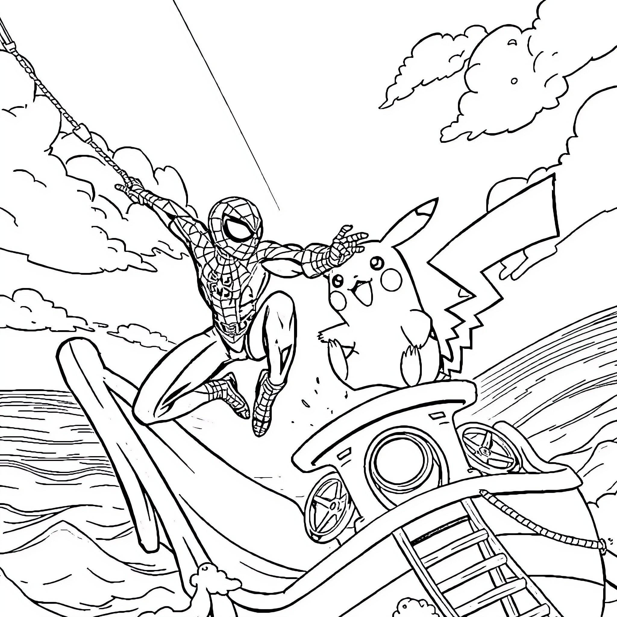 Spider-Man battles a giant monster in the city Coloring Page (free black-and-white line drawing printable PDF for all, from beginners to advanced learners, including children, teens, adults, and seniors)
