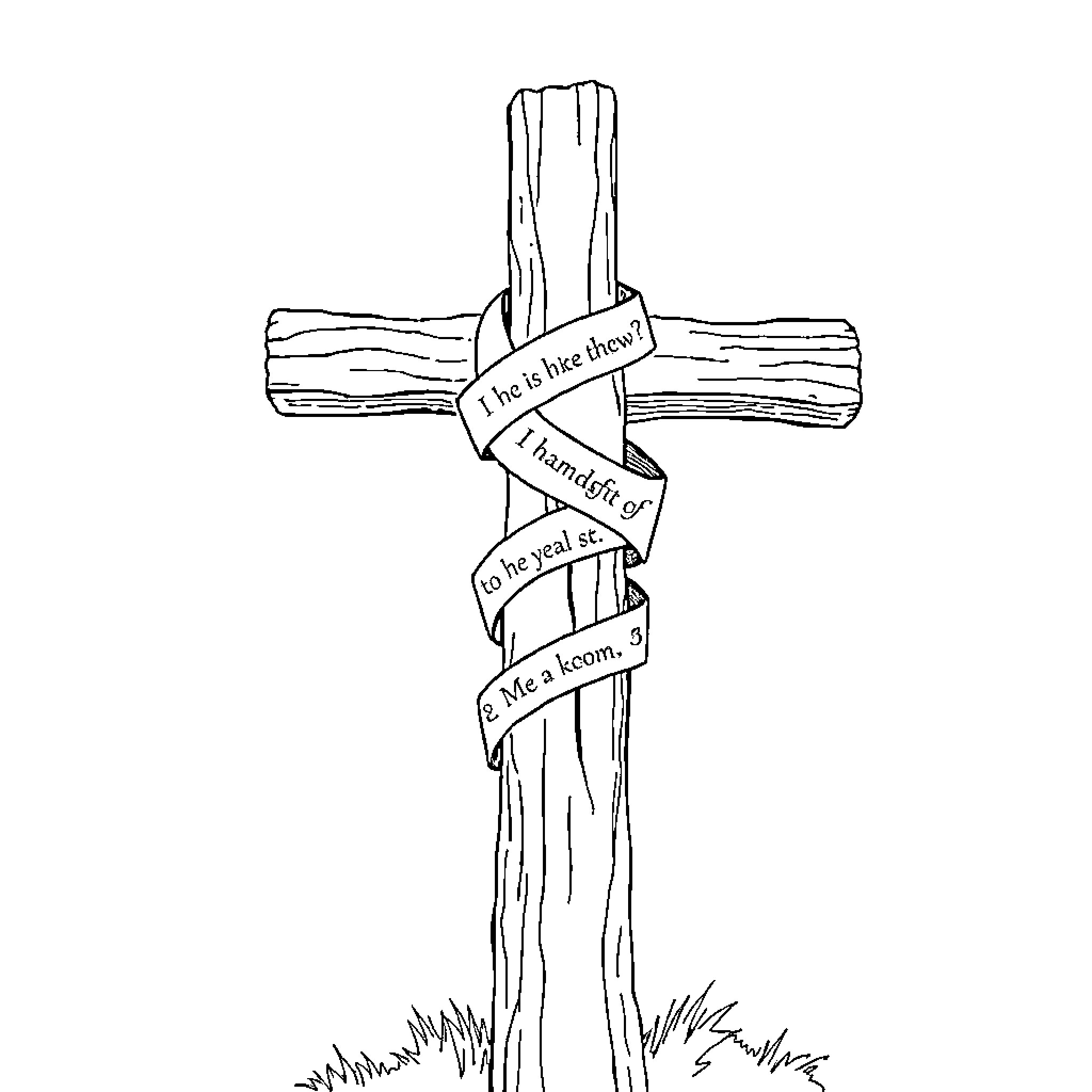 Cross with Scriptural Text and Symbol Coloring Page (free black-and-white line drawing printable PDF for all, from beginners to advanced learners, including children, teens, adults, and seniors)