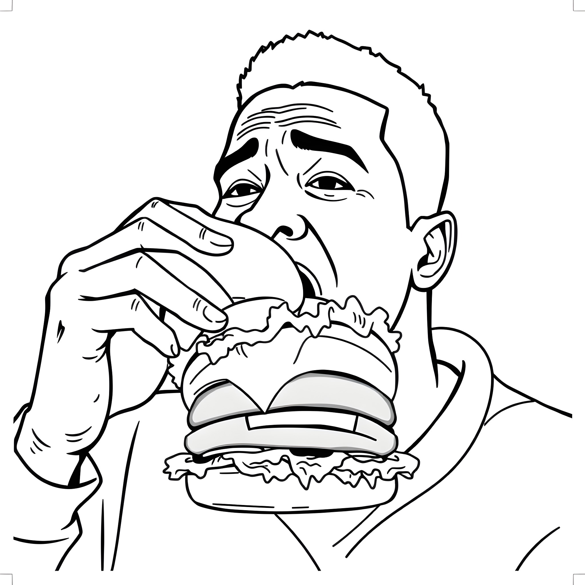 Burger Enthusiast Savoring His Meal Coloring Page (free black-and-white line drawing printable PDF for all, from beginners to advanced learners, including children, teens, adults, and seniors)