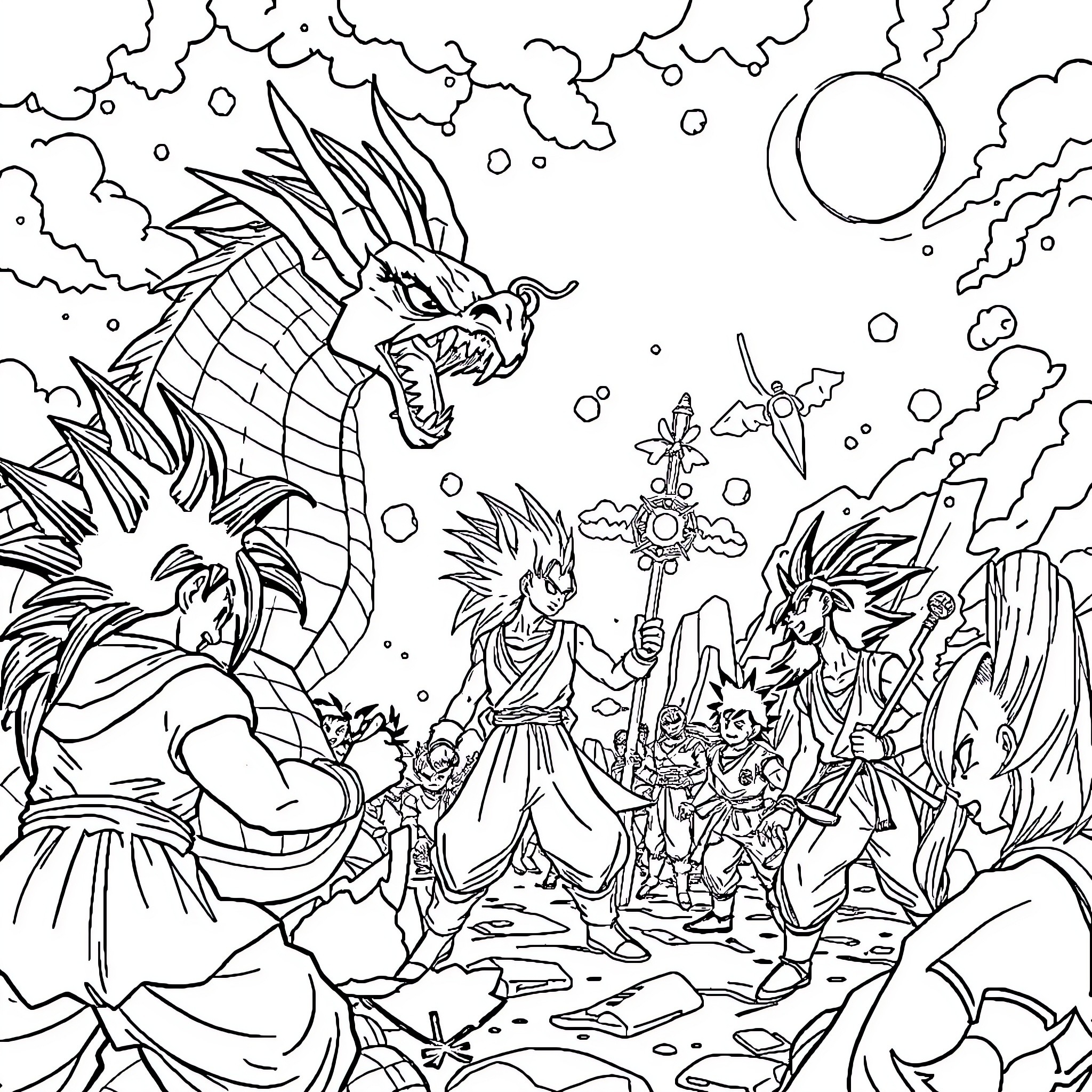 Dragon Ball Characters in Fierce Battle Scenes Coloring Page (free black-and-white line drawing printable PDF for all, from beginners to advanced learners, including children, teens, adults, and seniors)