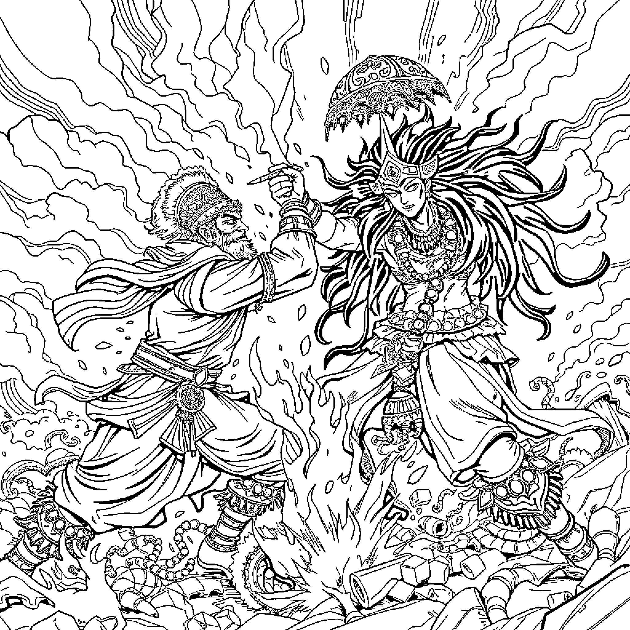 Manga Battle Between Fierce Warrior and Mystical Deity Coloring Page (free black-and-white line drawing printable PDF for all, from beginners to advanced learners, including children, teens, adults, and seniors)
