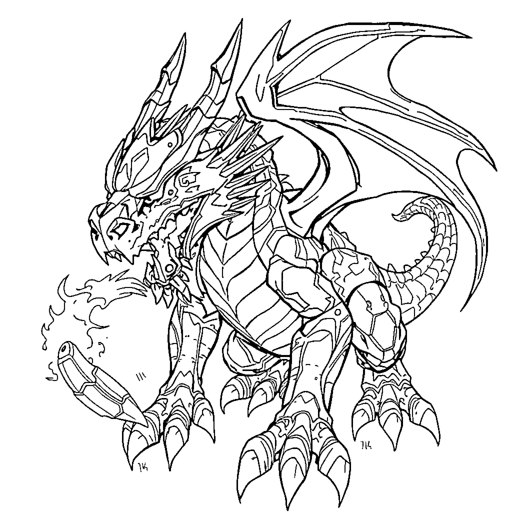 Dragon battling with fiery breath and powerful claws Coloring Page (free black-and-white line drawing printable PDF for all, from beginners to advanced learners, including children, teens, adults, and seniors)