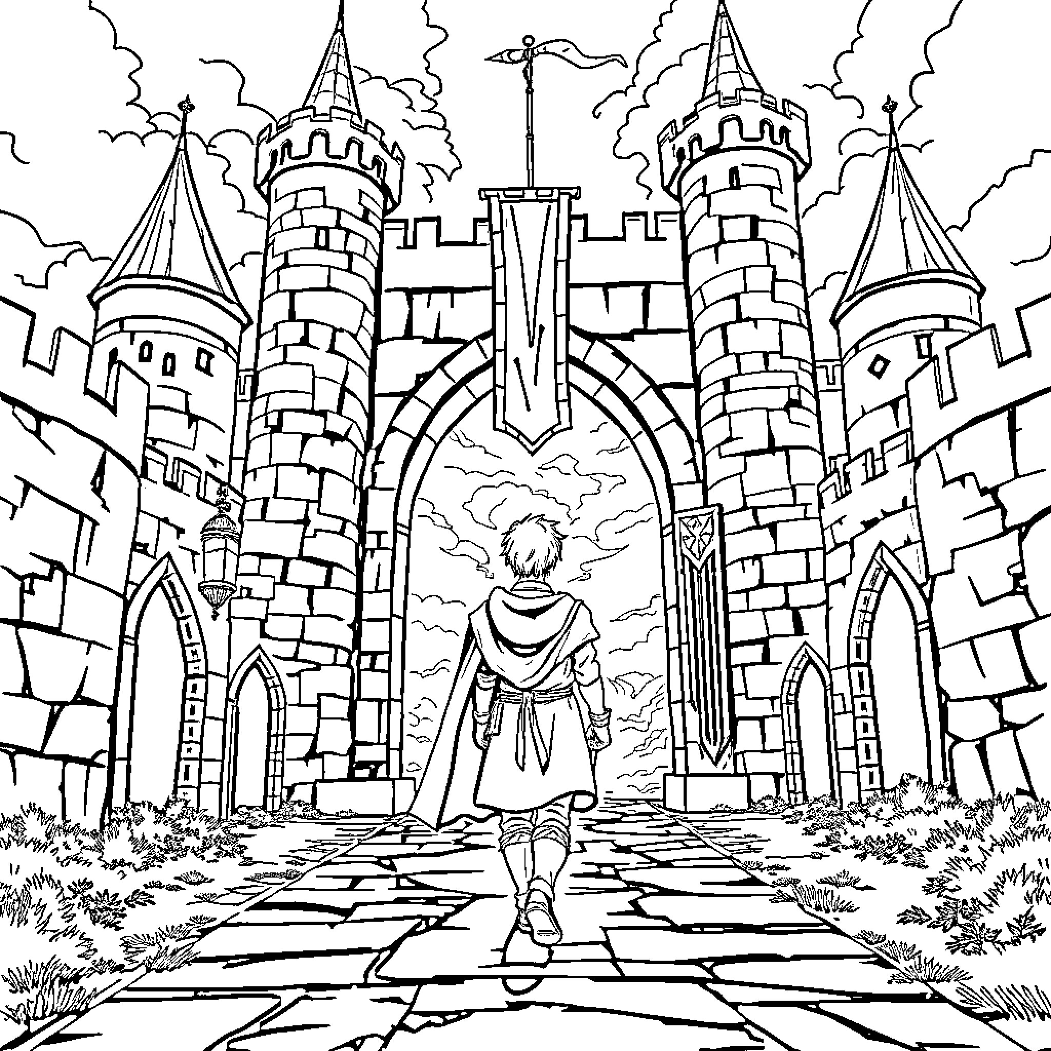 Hero Approaches Majestic Castle Gateway Coloring Page (free black-and-white line drawing printable PDF for all, from beginners to advanced learners, including children, teens, adults, and seniors)