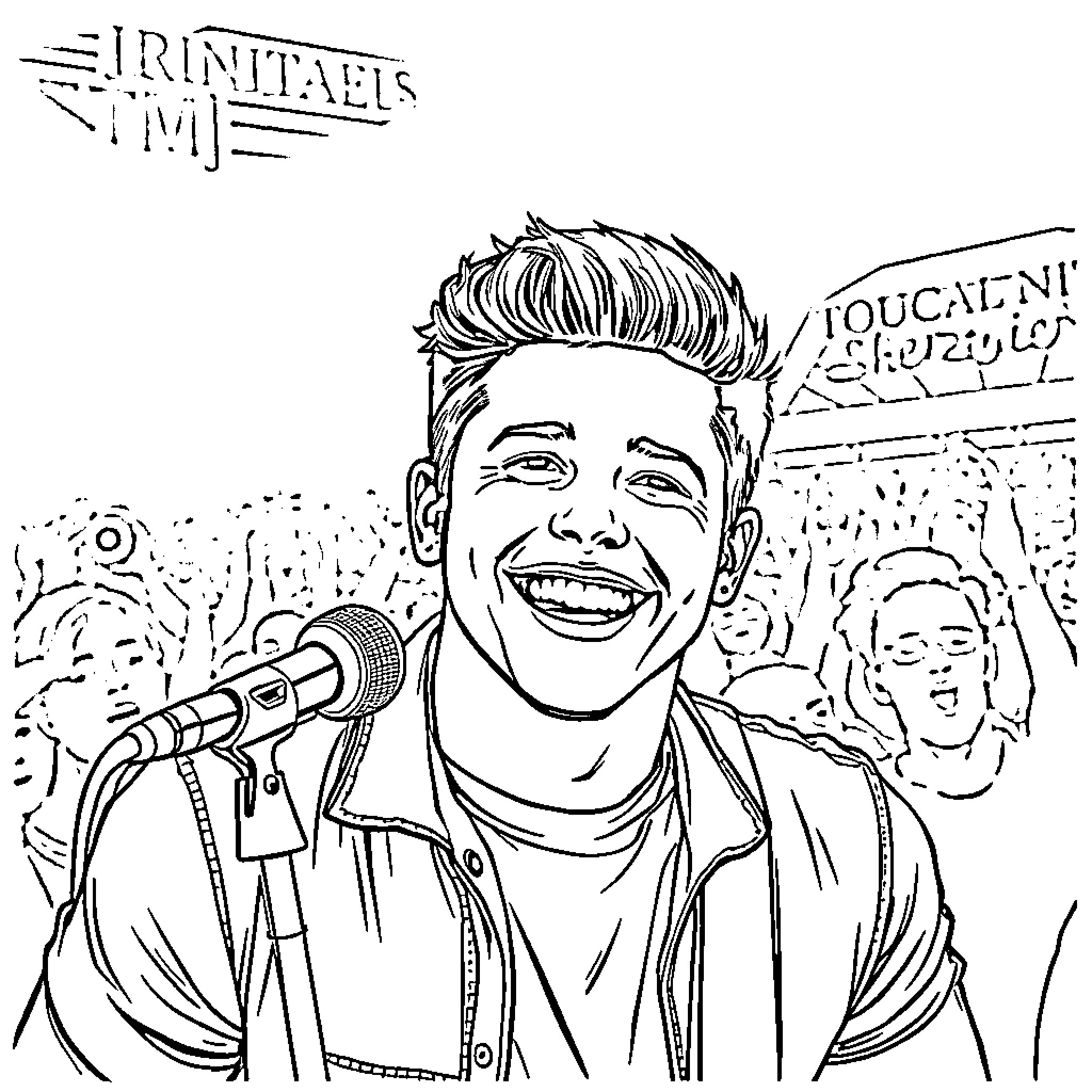 Logan Henderson performing on stage with a microphone Coloring Page (free black-and-white line drawing printable PDF for all, from beginners to advanced learners, including children, teens, adults, and seniors)