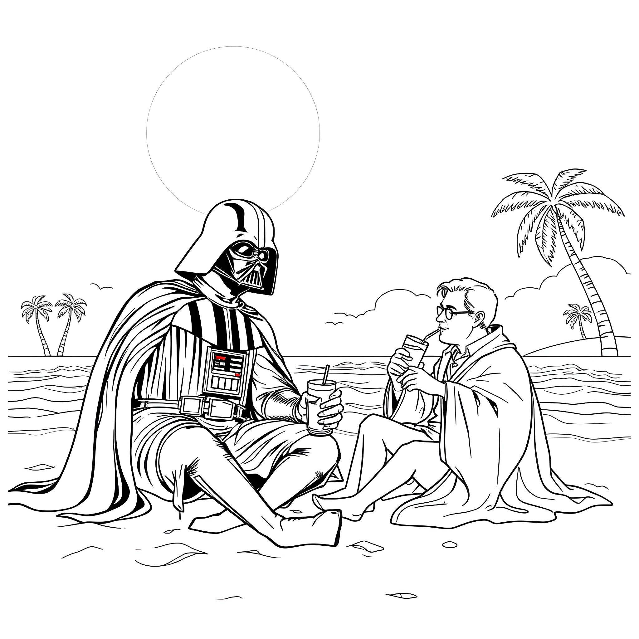 Darth Vader and a child on a tropical beach Coloring Page (free black-and-white line drawing printable PDF for all, from beginners to advanced learners, including children, teens, adults, and seniors)