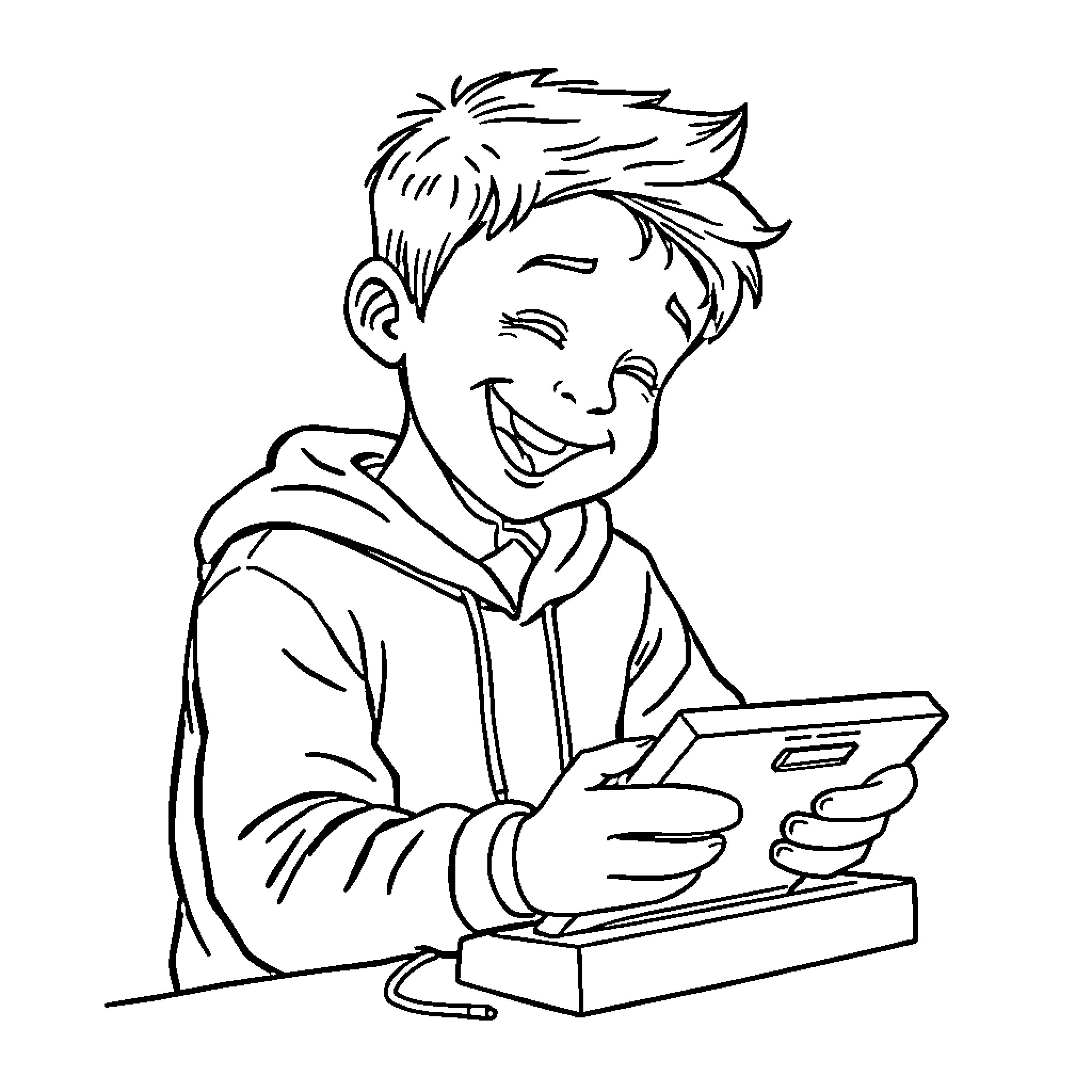 Boy happily playing video game on console Coloring Page (free black-and-white line drawing printable PDF for all, from beginners to advanced learners, including children, teens, adults, and seniors)
