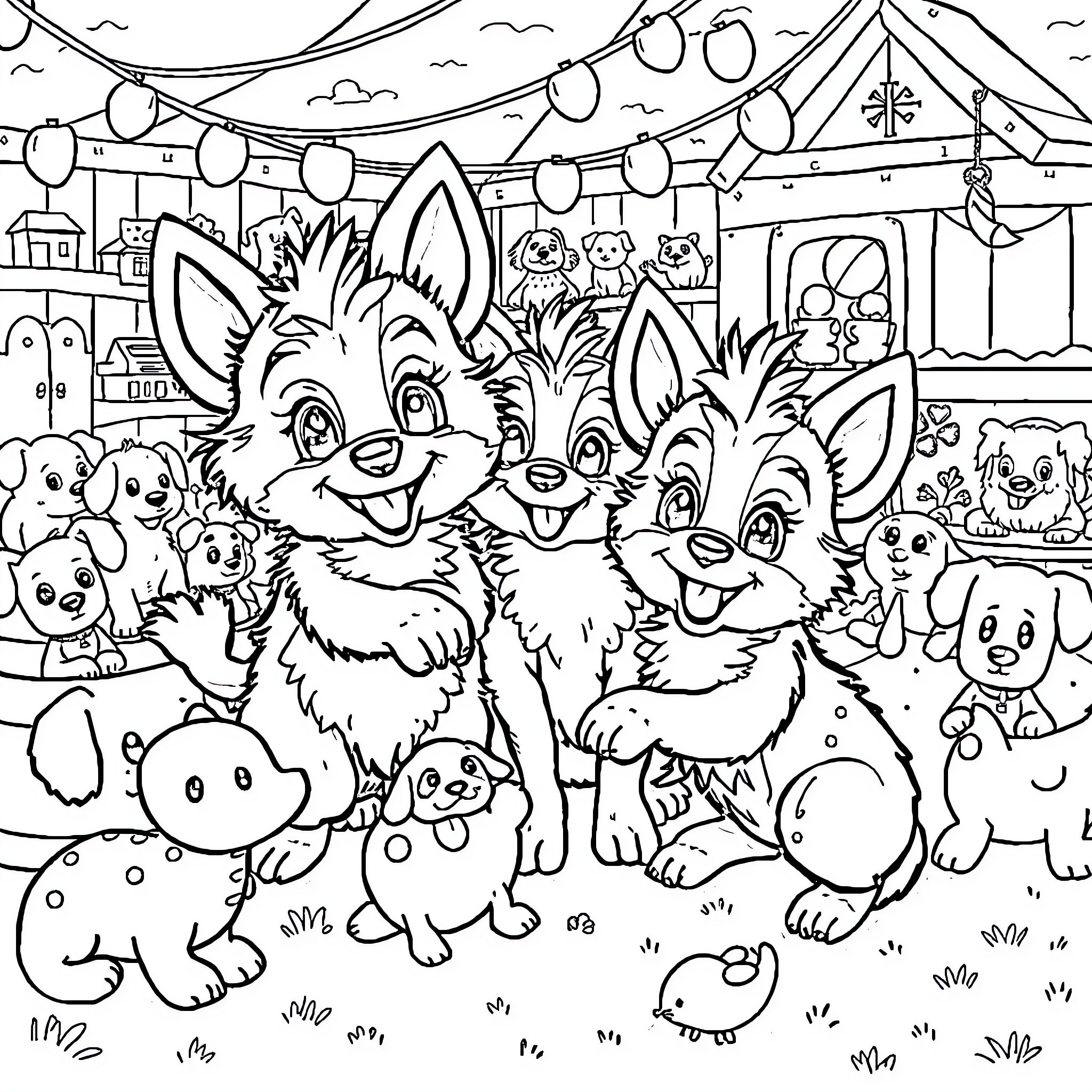 Sprunkie's Carnival of Furry Friends Coloring Page (free black-and-white line drawing printable PDF for all, from beginners to advanced learners, including children, teens, adults, and seniors)