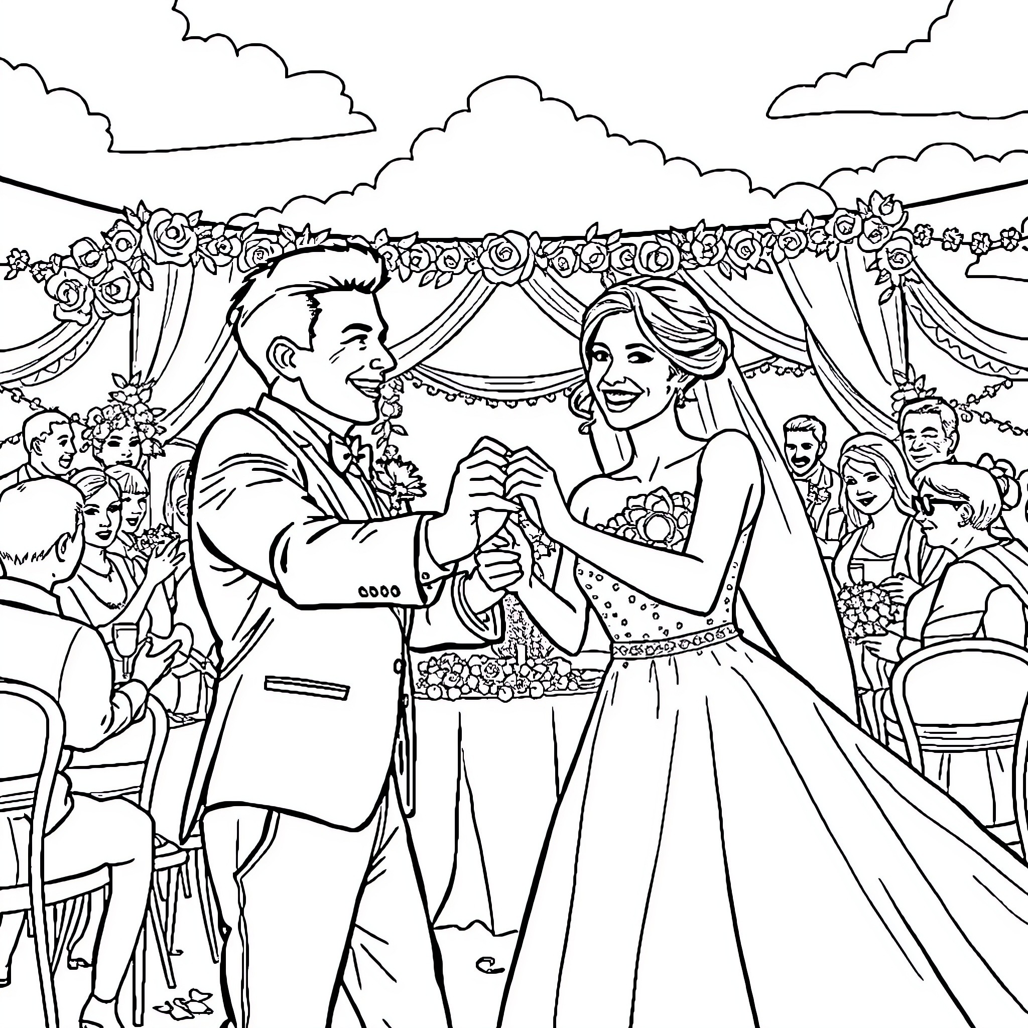 Bride and groom sharing a tender moment at their outdoor wedding Coloring Page (free black-and-white line drawing printable PDF for all, from beginners to advanced learners, including children, teens, adults, and seniors)