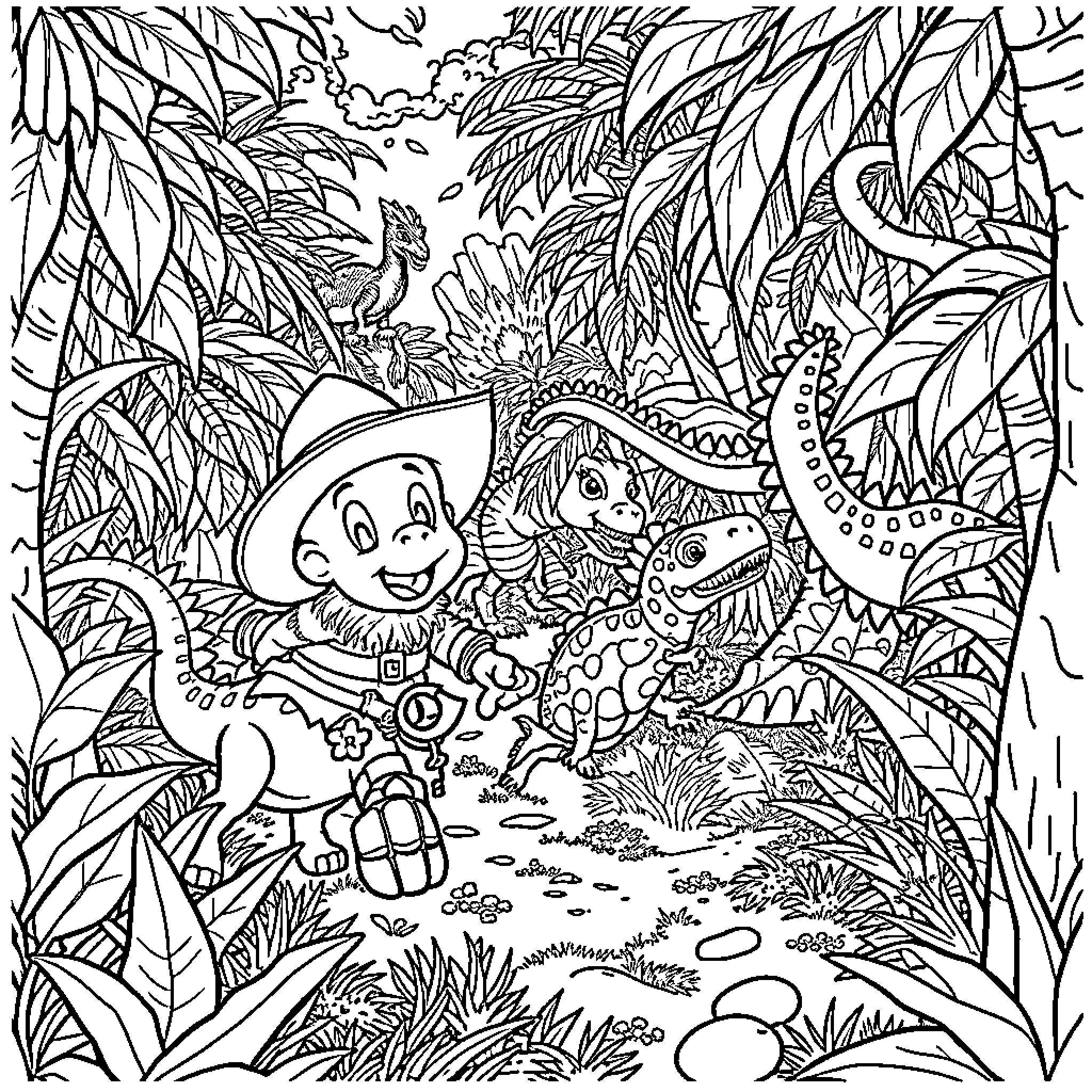 Eureka! Magical Creatures Discovered in Enchanted Jungle Coloring Page (free black-and-white line drawing printable PDF for all, from beginners to advanced learners, including children, teens, adults, and seniors)