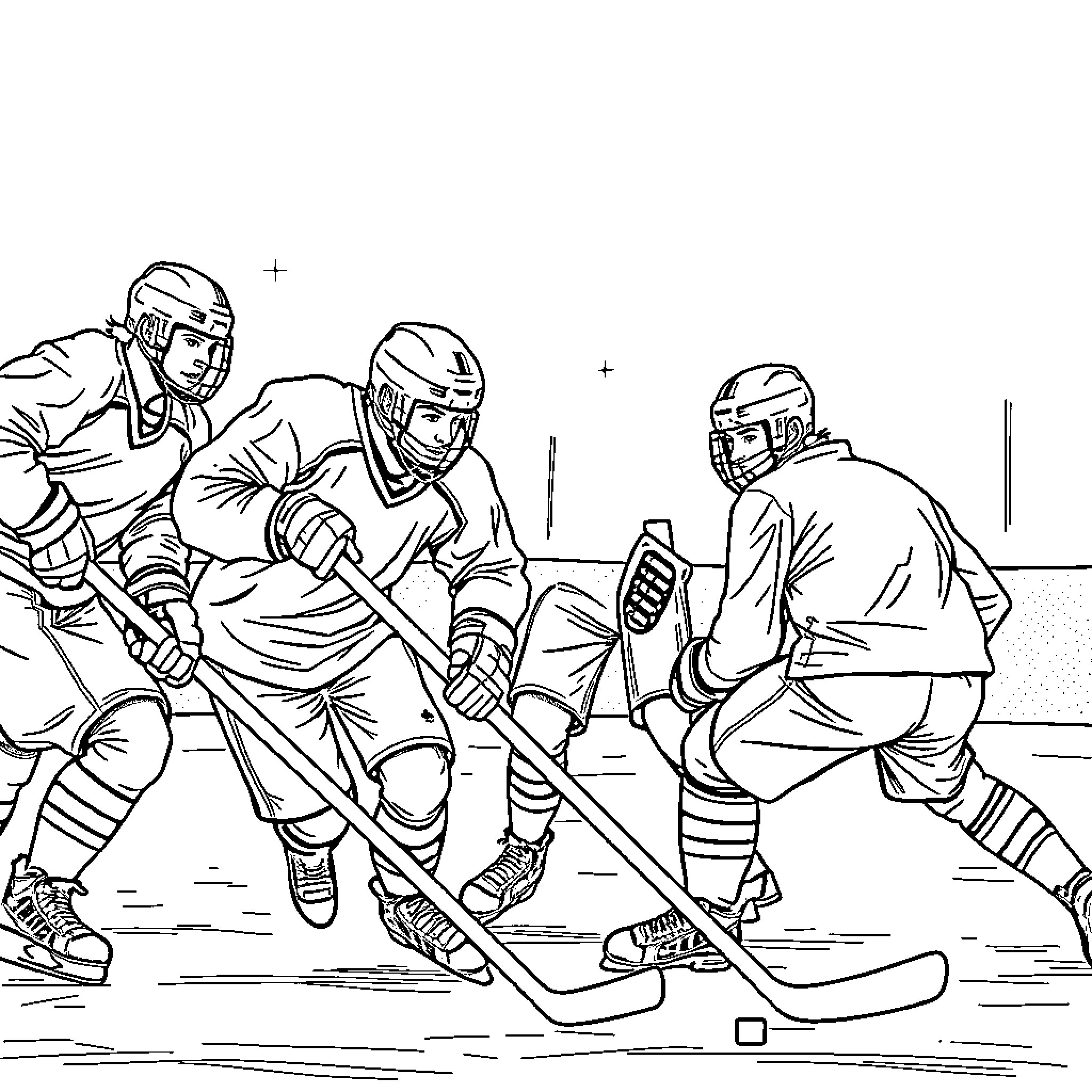 Hockey players engaged in intense game action Coloring Page (free black-and-white line drawing printable PDF for all, from beginners to advanced learners, including children, teens, adults, and seniors)