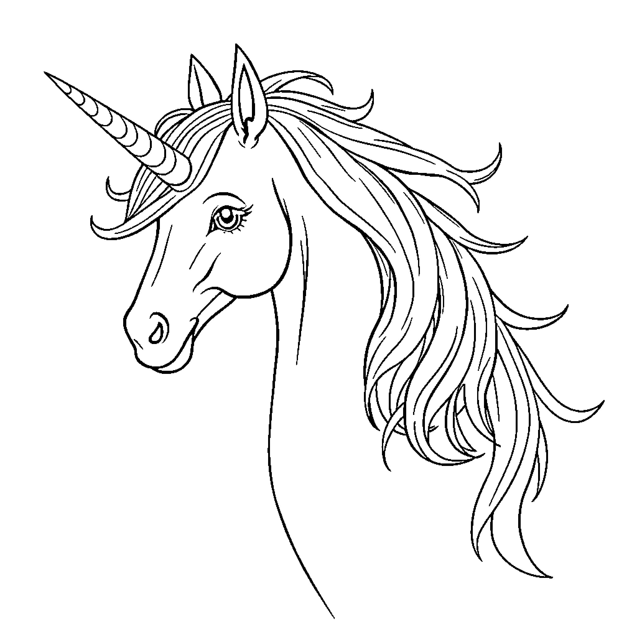 Unicorn with flowing mane and horn Coloring Page (free black-and-white line drawing printable PDF for all, from beginners to advanced learners, including children, teens, adults, and seniors)