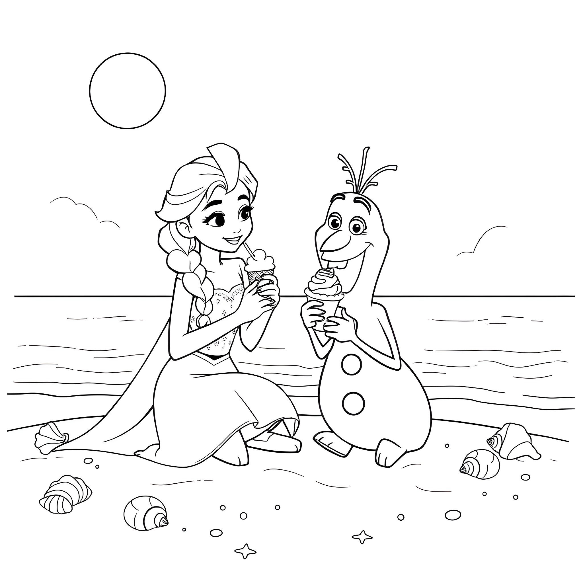 Elsa and Olaf enjoying ice cream on the beach Coloring Page (free black-and-white line drawing printable PDF for all, from beginners to advanced learners, including children, teens, adults, and seniors)