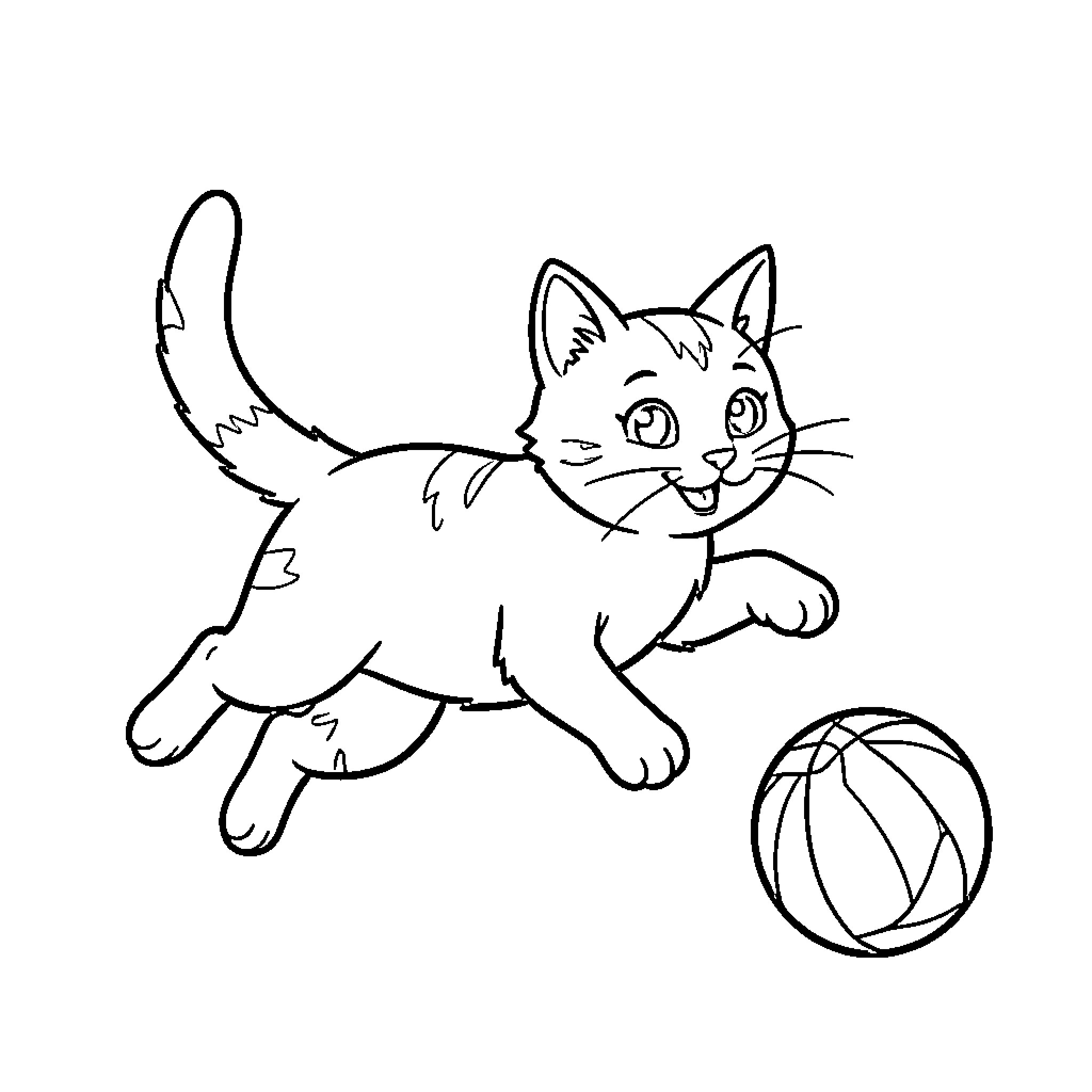 Cat playing happily with ball Coloring Page (free black-and-white line drawing printable PDF for all, from beginners to advanced learners, including children, teens, adults, and seniors)