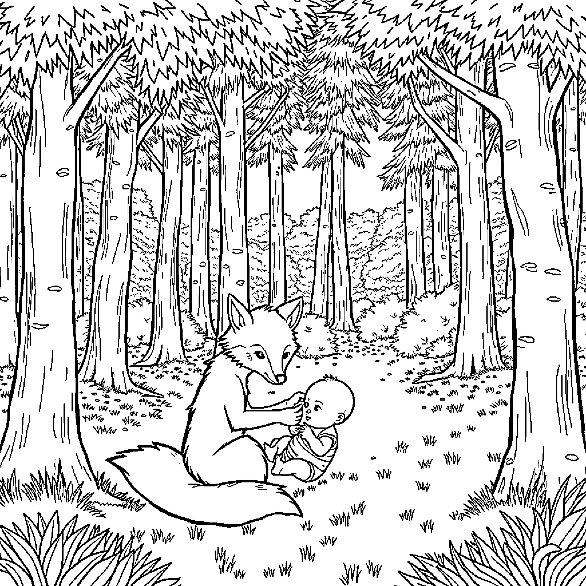 Fox caring for its young in the forest Coloring Page (free black-and-white line drawing printable PDF for all, from beginners to advanced learners, including children, teens, adults, and seniors)