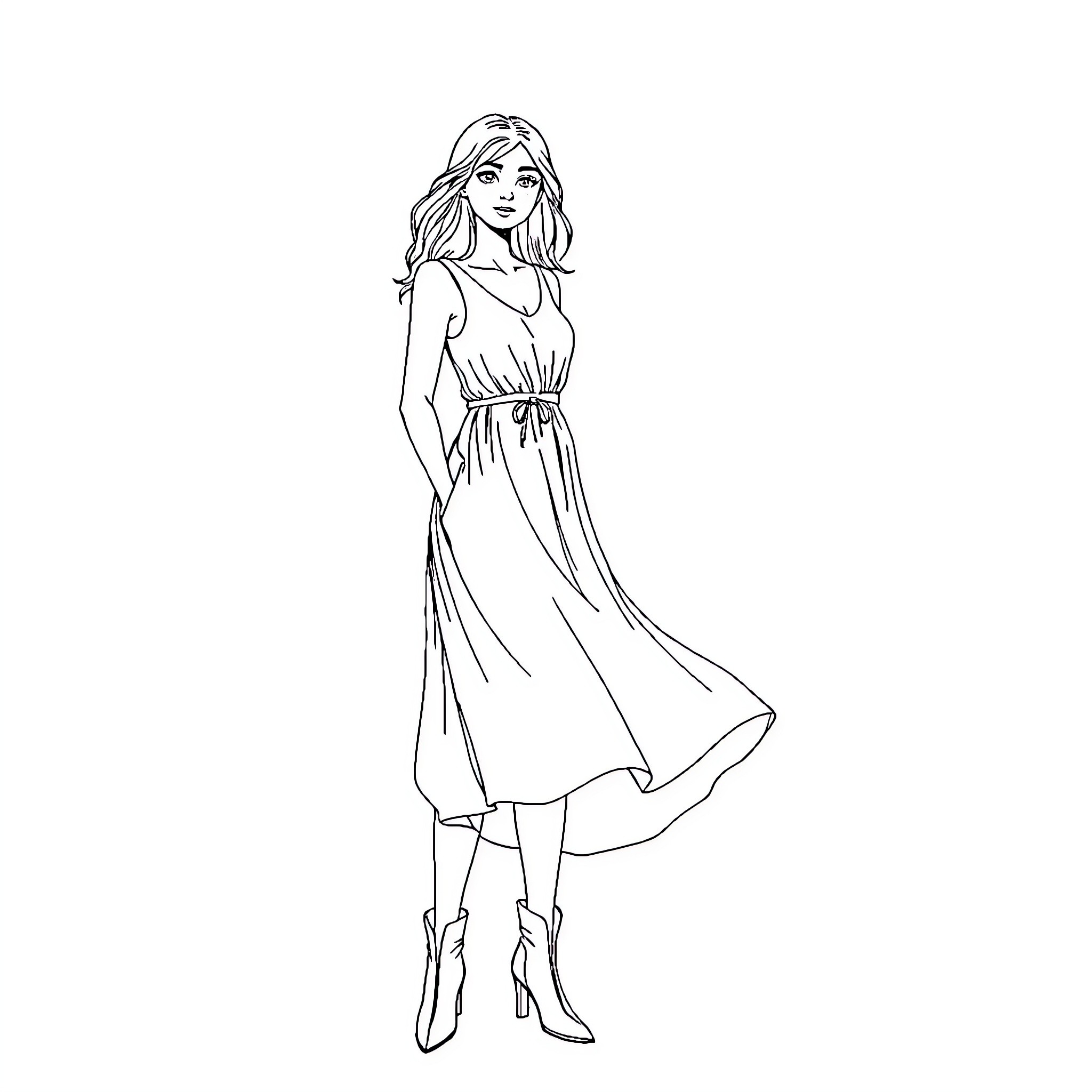 Woman in flowing dress and boots posing Coloring Page (free black-and-white line drawing printable PDF for all, from beginners to advanced learners, including children, teens, adults, and seniors)