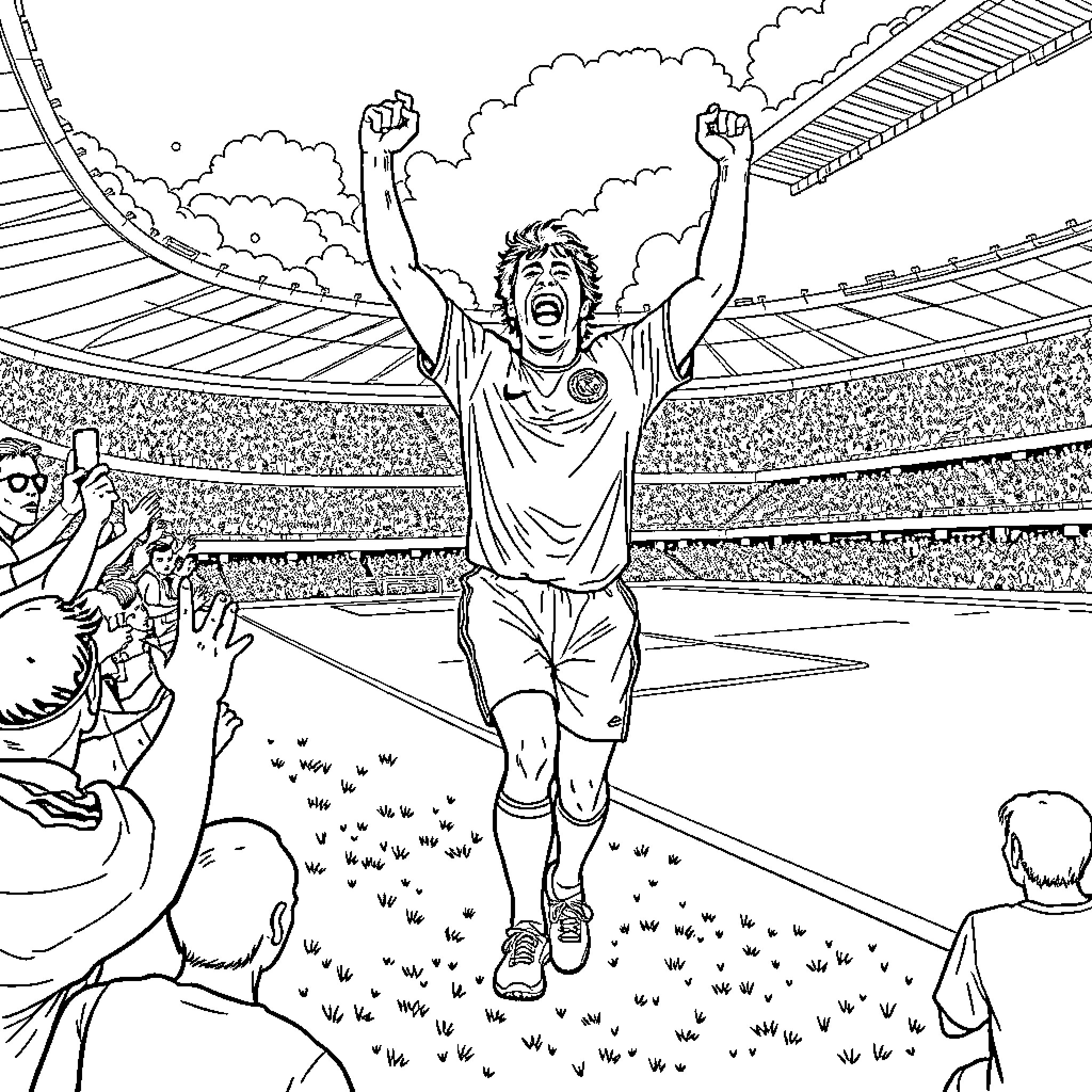 Maradona's Iconic Goal Celebration Coloring Page (free black-and-white line drawing printable PDF for all, from beginners to advanced learners, including children, teens, adults, and seniors)