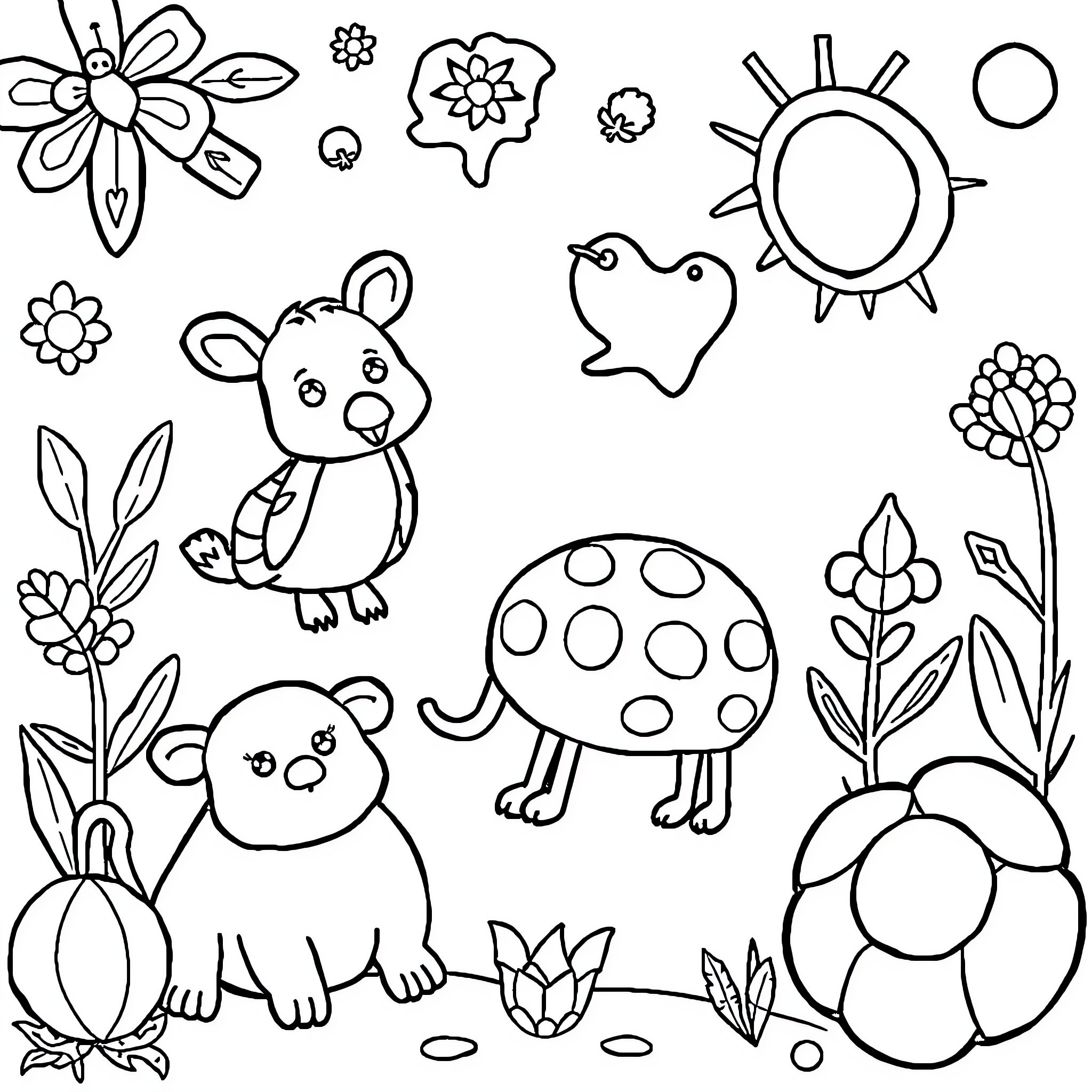 Preschool doodles of whimsical animals and nature Coloring Page (free black-and-white line drawing printable PDF for all, from beginners to advanced learners, including children, teens, adults, and seniors)
