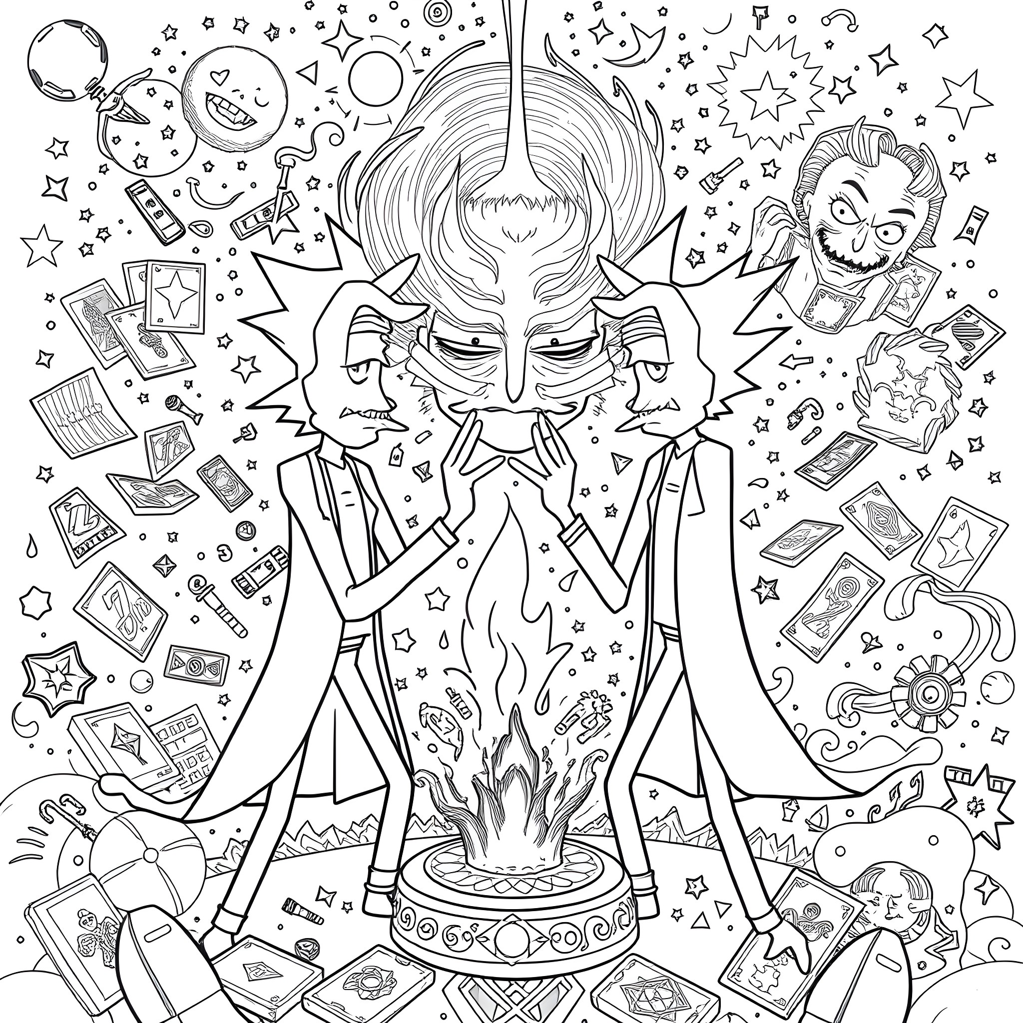 Rick And Morty - Magical Madness and Chaotic Adventures Coloring Page (free black-and-white line drawing printable PDF for all, from beginners to advanced learners, including children, teens, adults, and seniors)