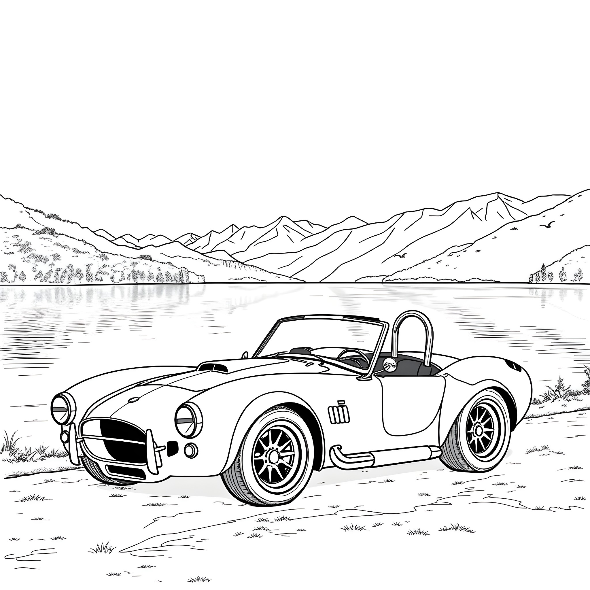 Shelby Cobra speeding through mountain landscape Coloring Page (free black-and-white line drawing printable PDF for all, from beginners to advanced learners, including children, teens, adults, and seniors)