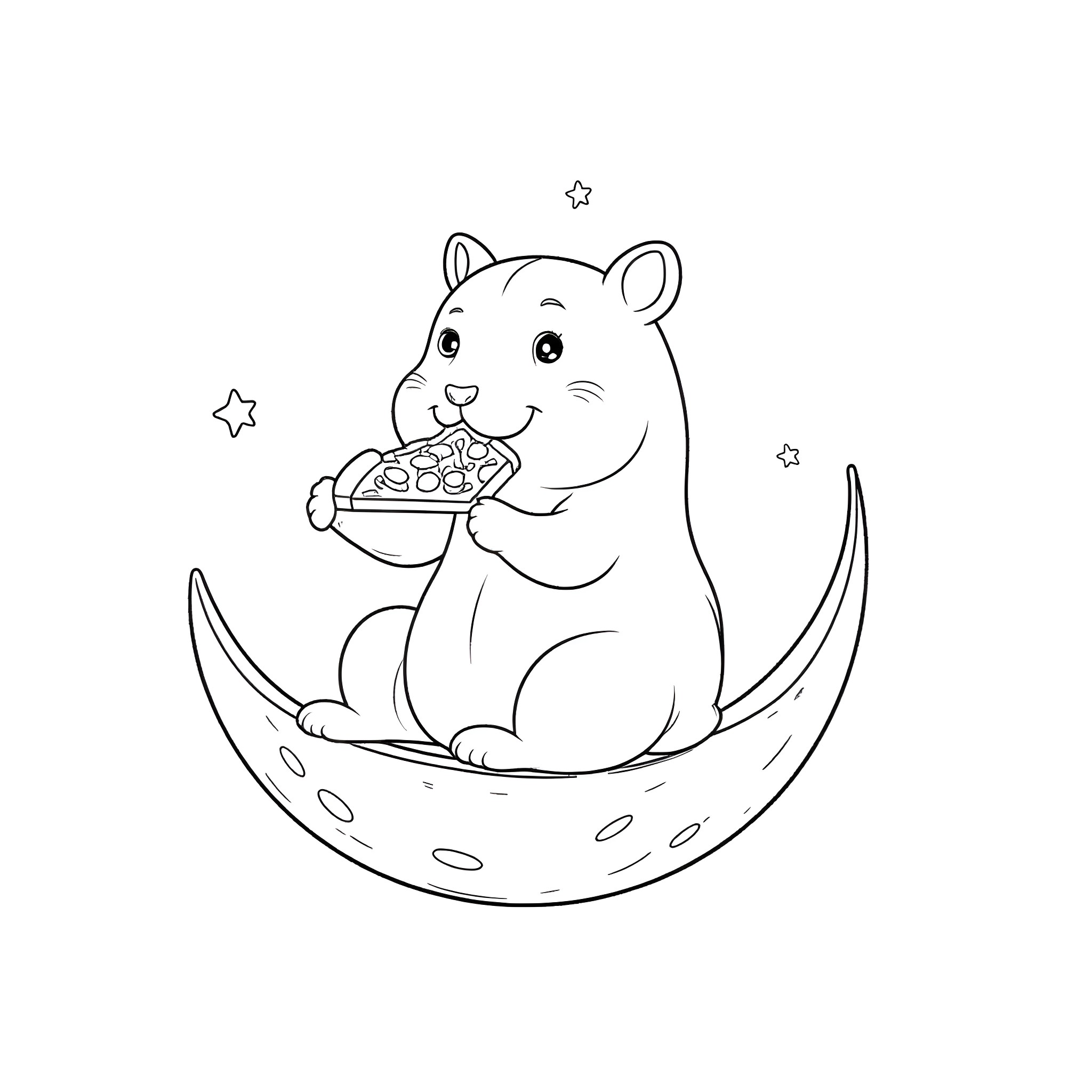 Capybara enjoying a snack on the moon Coloring Page (free black-and-white line drawing printable PDF for all, from beginners to advanced learners, including children, teens, adults, and seniors)