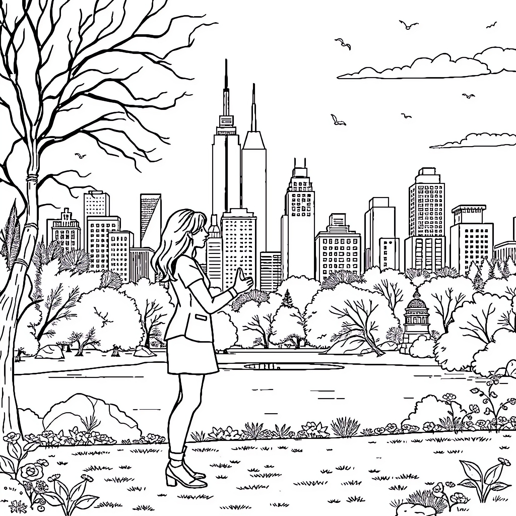 Couple exploring the city skyline Coloring Page (free black-and-white line drawing printable PDF for all, from beginners to advanced learners, including children, teens, adults, and seniors)