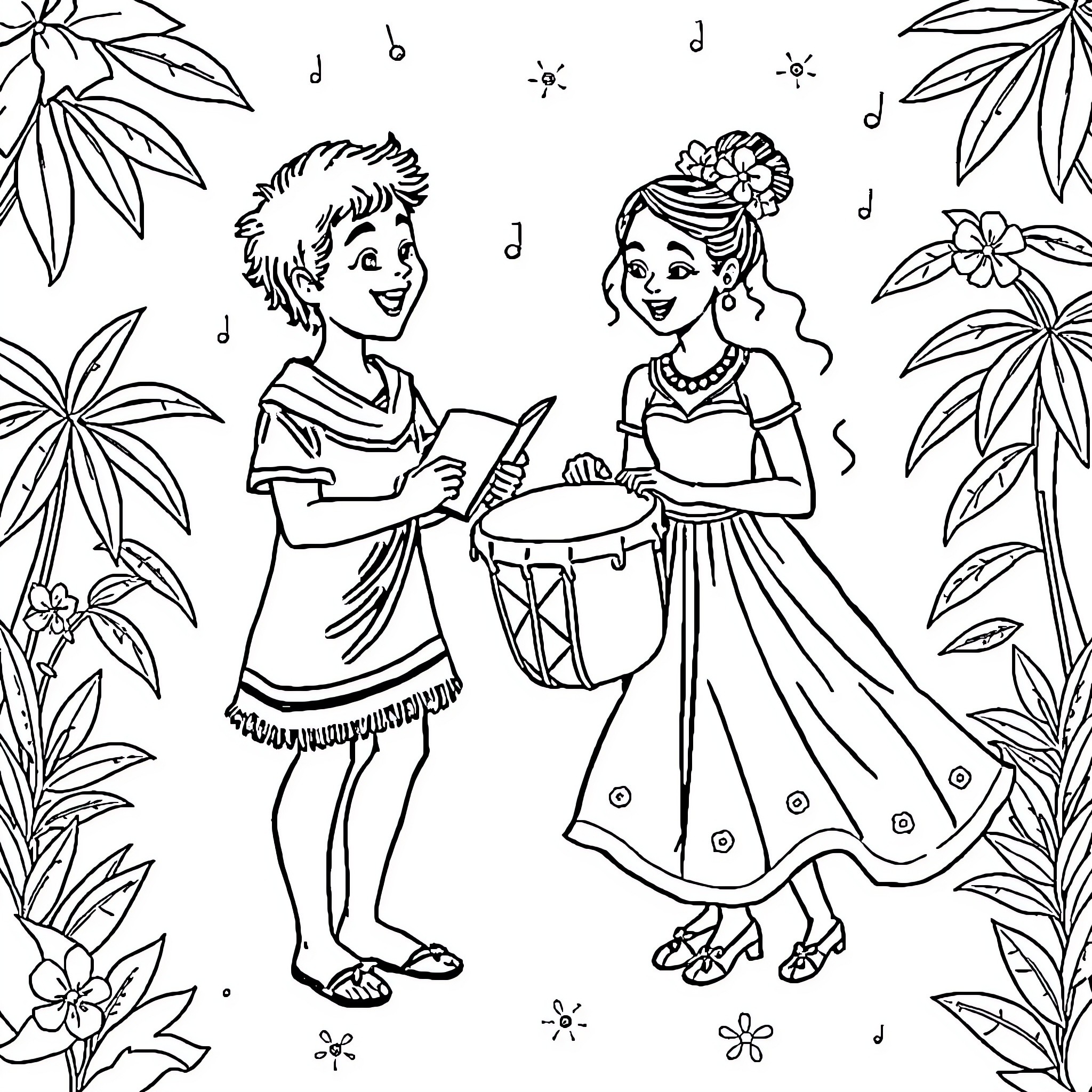 Enfants jouant de la musique dans le jardin Coloring Page (free black-and-white line drawing printable PDF for all, from beginners to advanced learners, including children, teens, adults, and seniors)