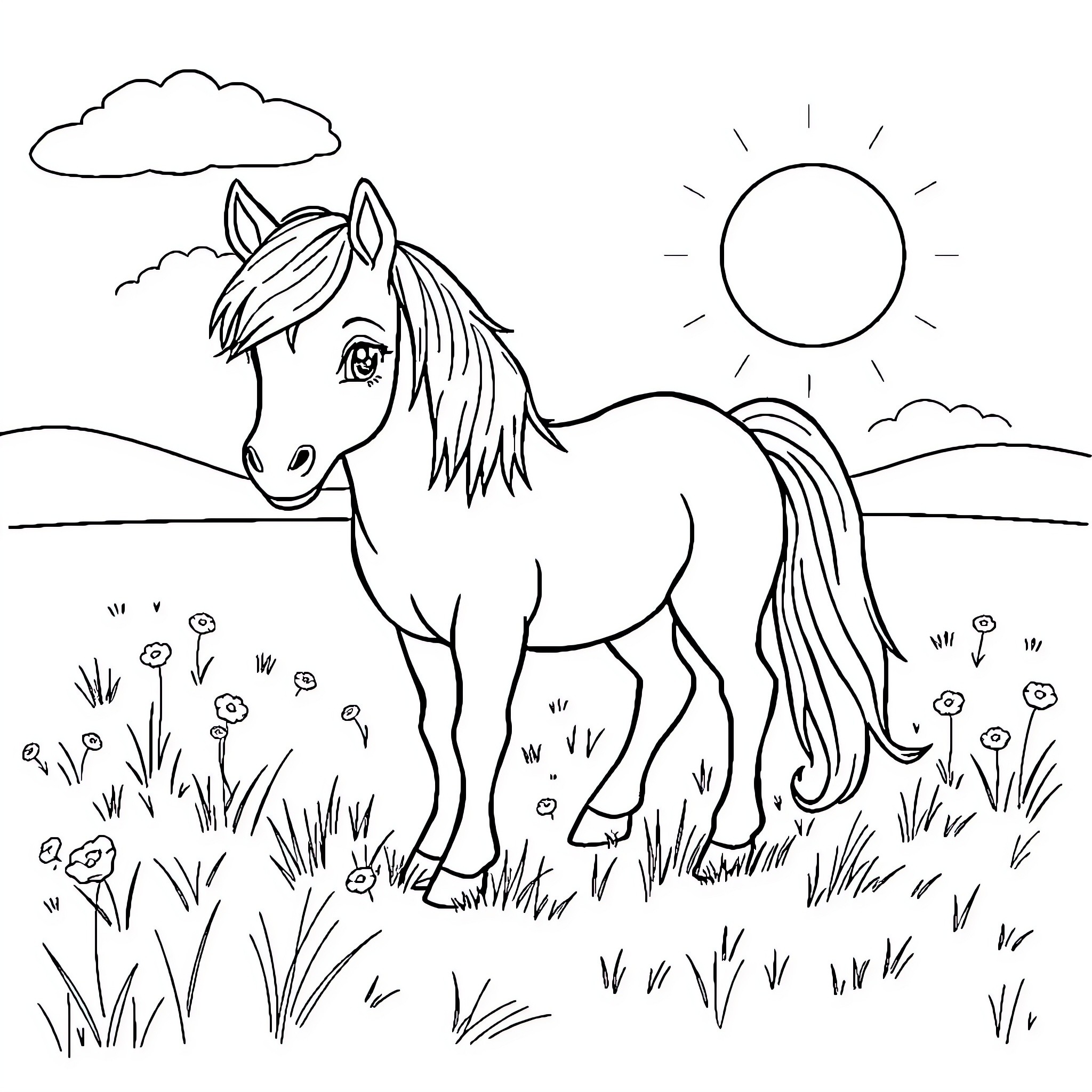 Pony relaxing in the meadow under the sun Coloring Page (free black-and-white line drawing printable PDF for all, from beginners to advanced learners, including children, teens, adults, and seniors)