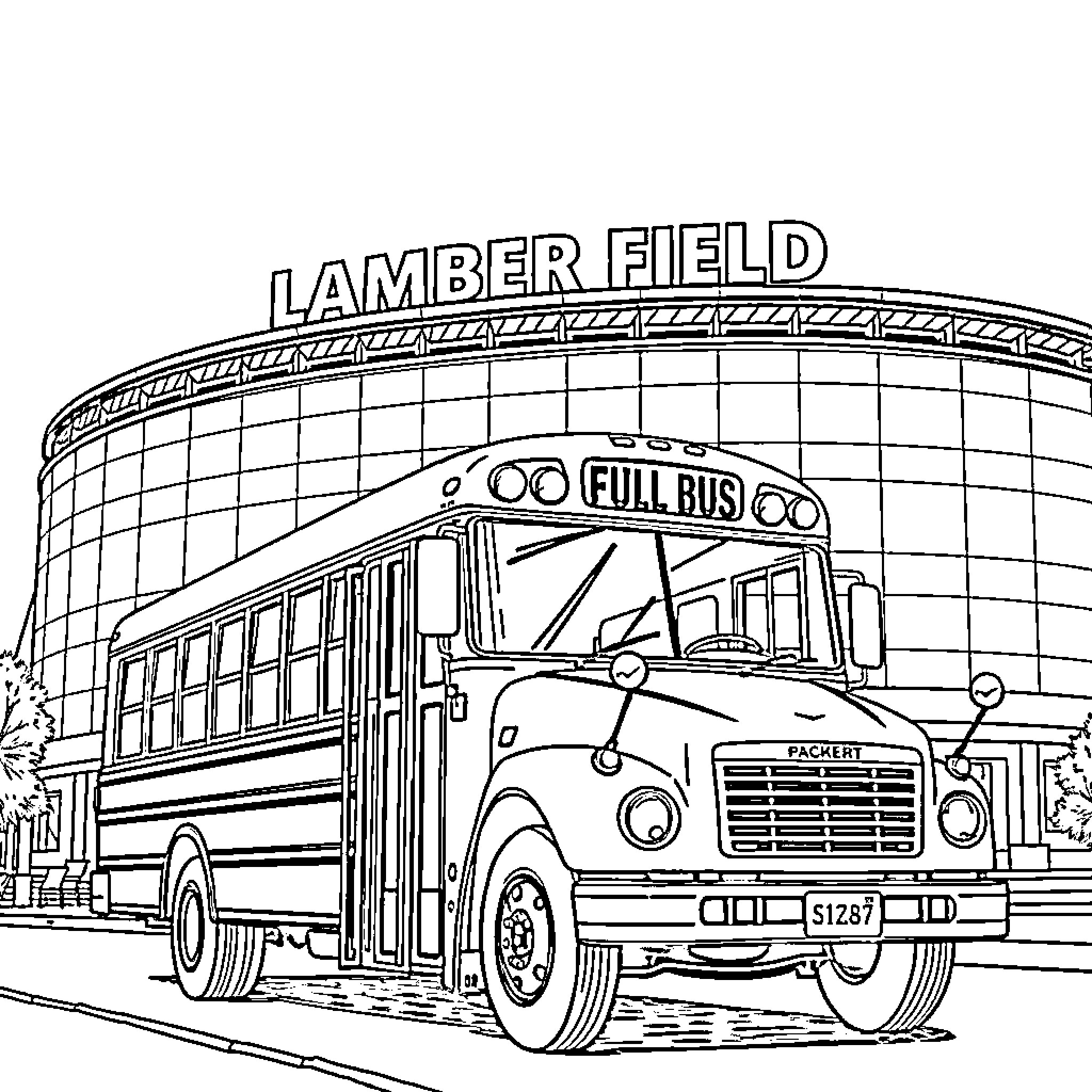 Bus Transporting Passengers to Lamberton Field Coloring Page (free black-and-white line drawing printable PDF for all, from beginners to advanced learners, including children, teens, adults, and seniors)