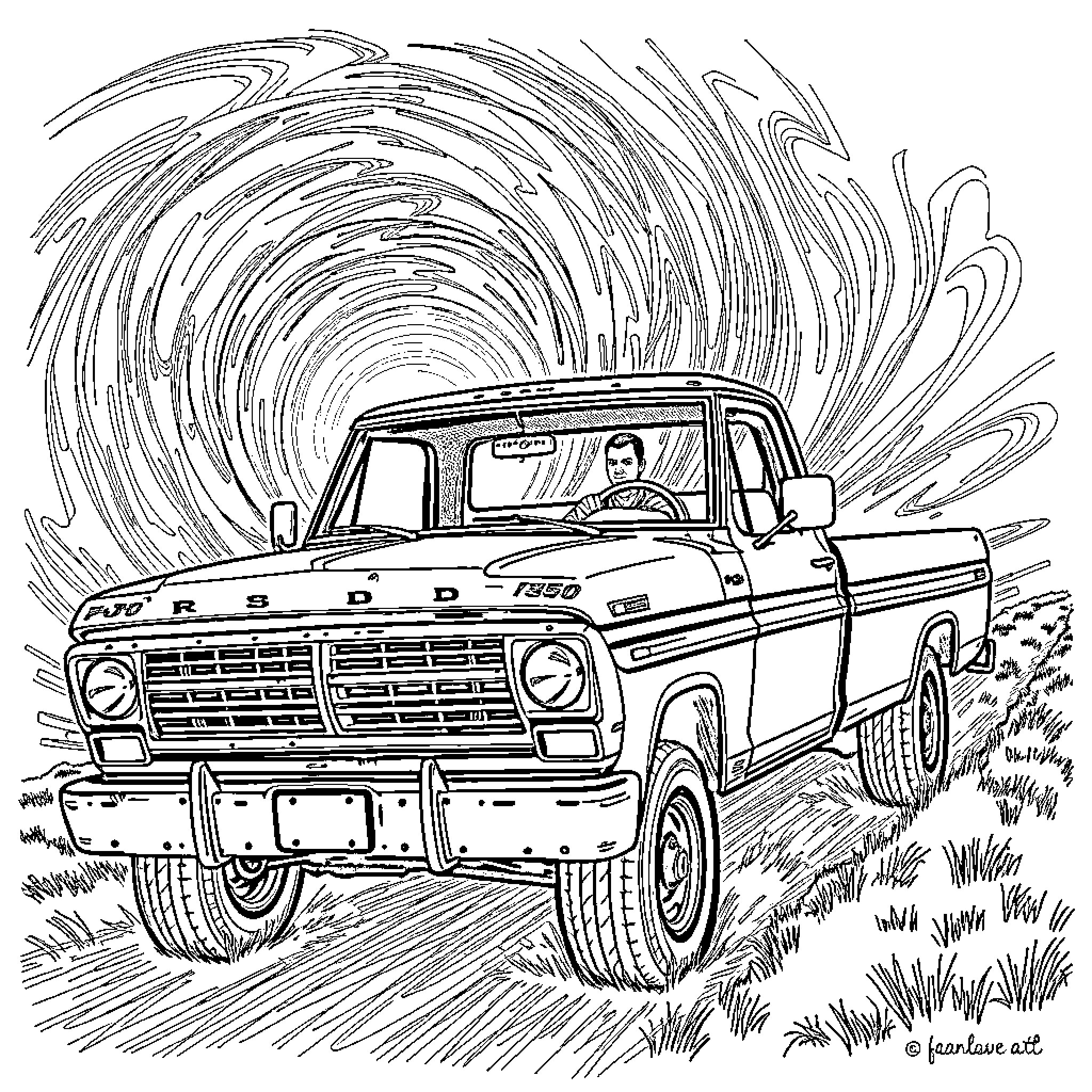 Truck driving through rugged terrain Coloring Page (free black-and-white line drawing printable PDF for all, from beginners to advanced learners, including children, teens, adults, and seniors)