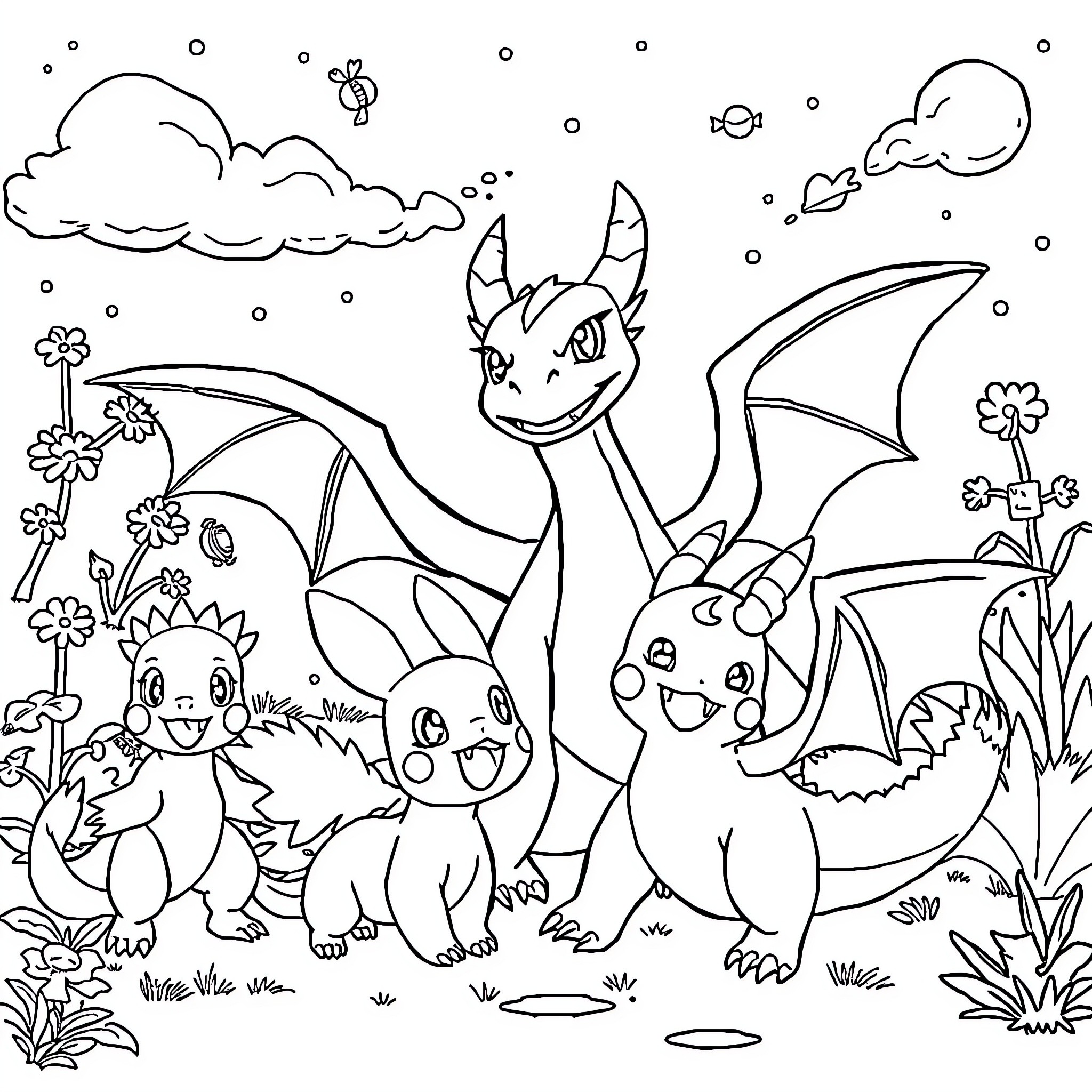 Dragon friends playing in a magical garden Coloring Page (free black-and-white line drawing printable PDF for all, from beginners to advanced learners, including children, teens, adults, and seniors)