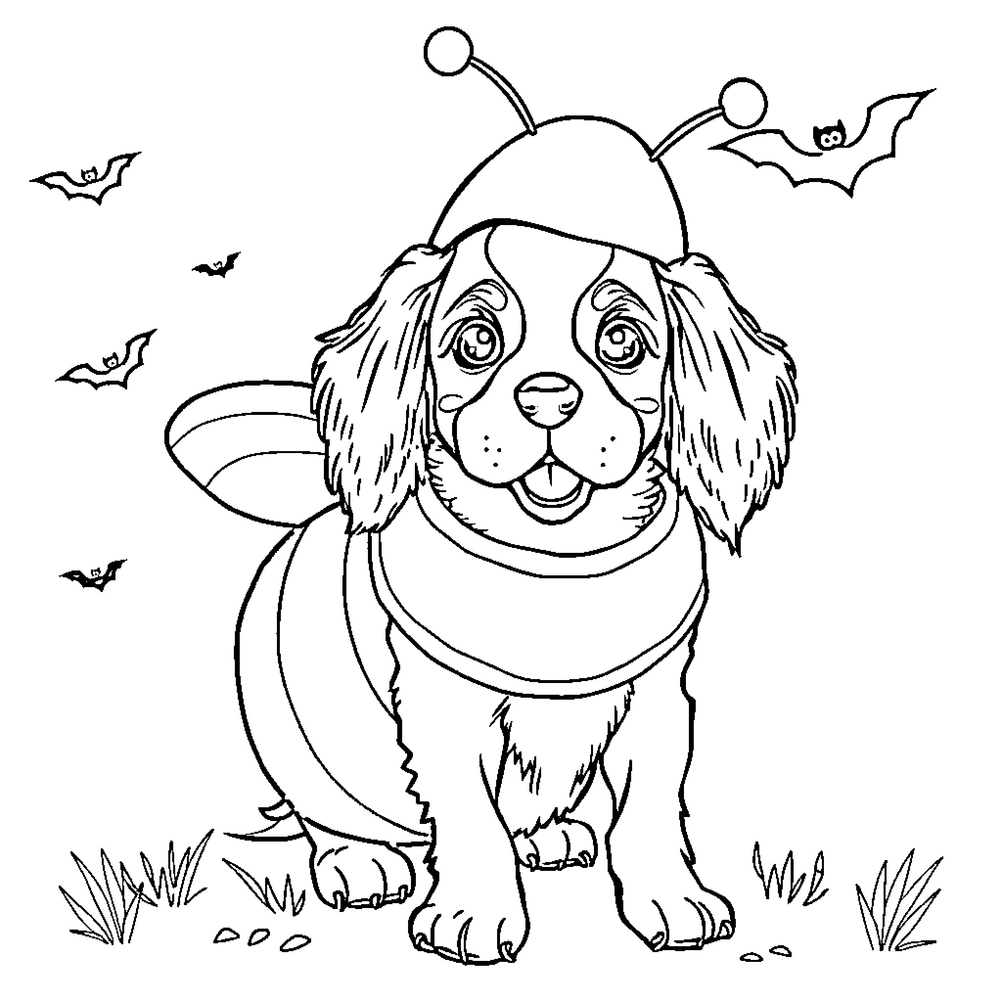 Brittany Spaniel dressed up for Halloween Coloring Page (free black-and-white line drawing printable PDF for all, from beginners to advanced learners, including children, teens, adults, and seniors)