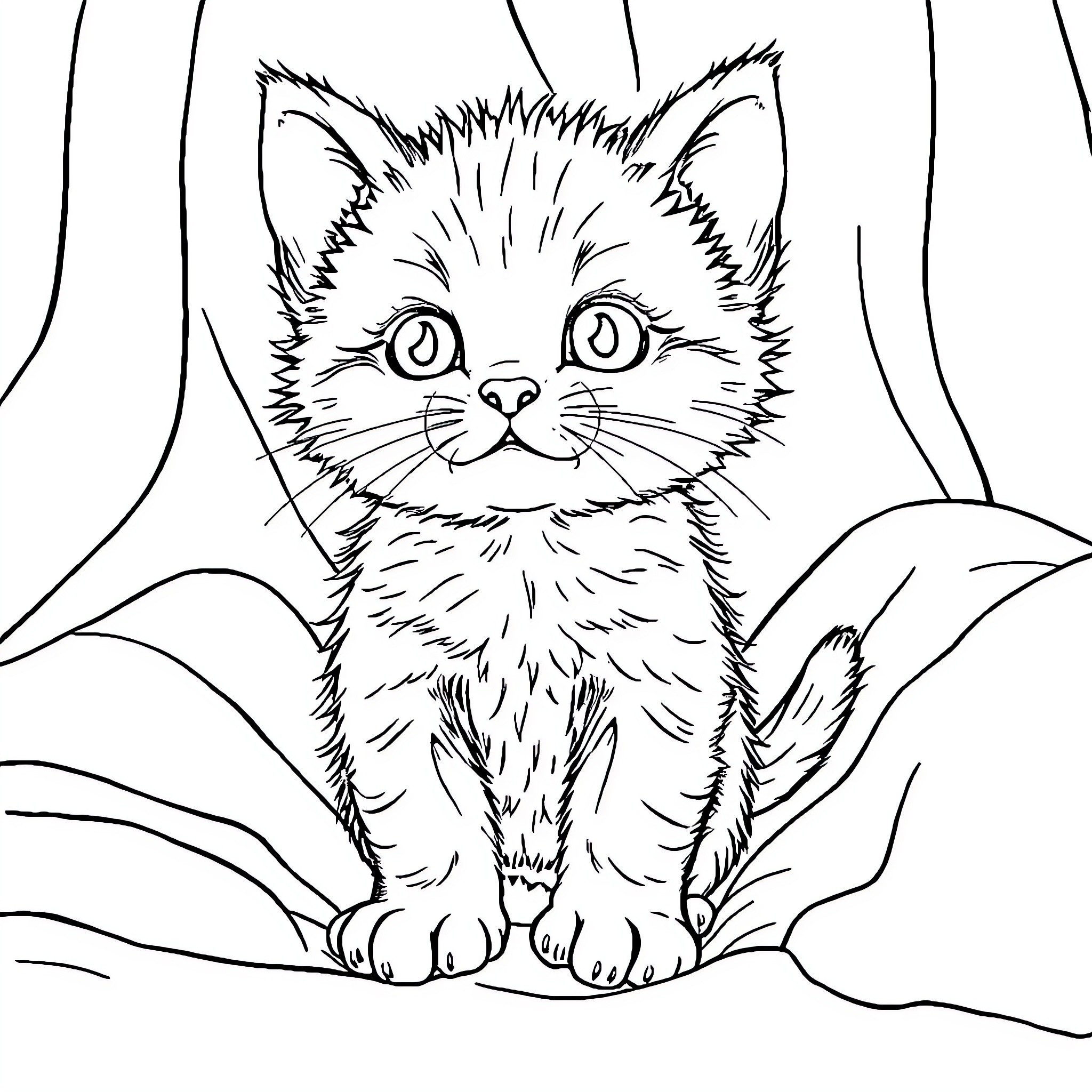 Kitten curiously looking at viewer Coloring Page (free black-and-white line drawing printable PDF for all, from beginners to advanced learners, including children, teens, adults, and seniors)