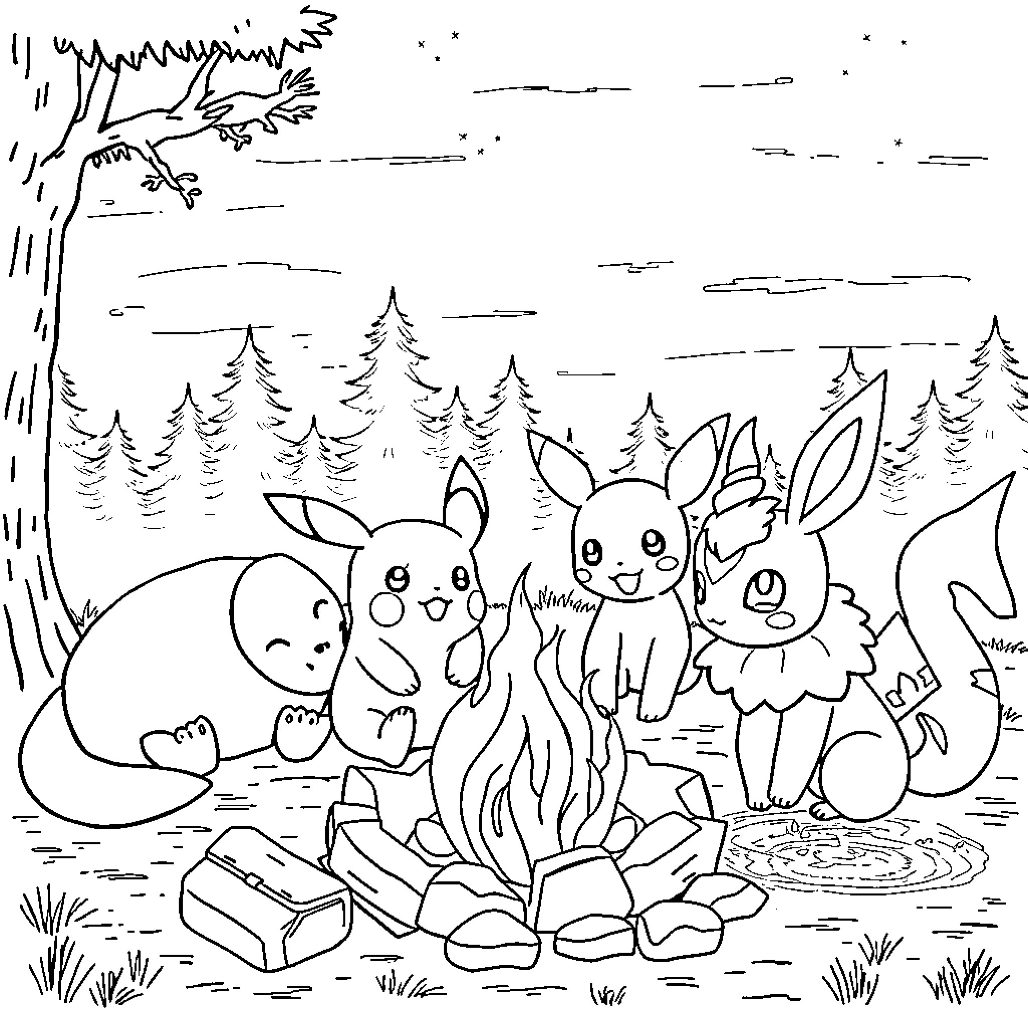 Pokémon enjoying a peaceful gathering in the forest Coloring Page (free black-and-white line drawing printable PDF for all, from beginners to advanced learners, including children, teens, adults, and seniors)