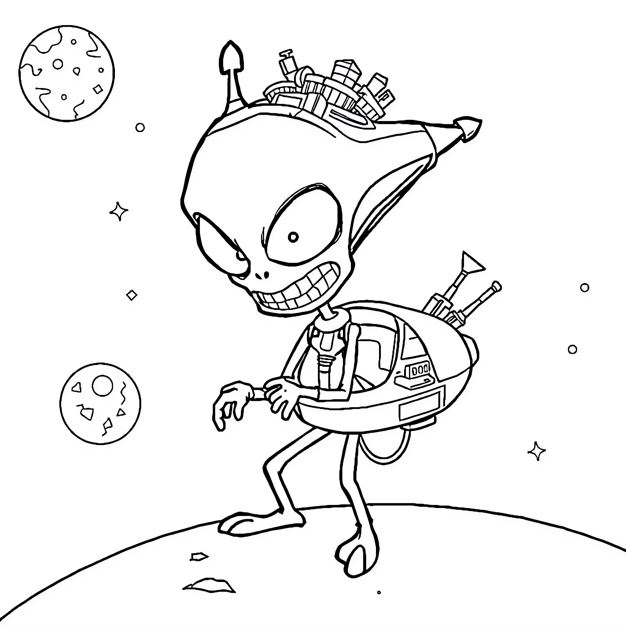 Invader Zim grinning in his spacecraft Coloring Page (free black-and-white line drawing printable PDF for all, from beginners to advanced learners, including children, teens, adults, and seniors)