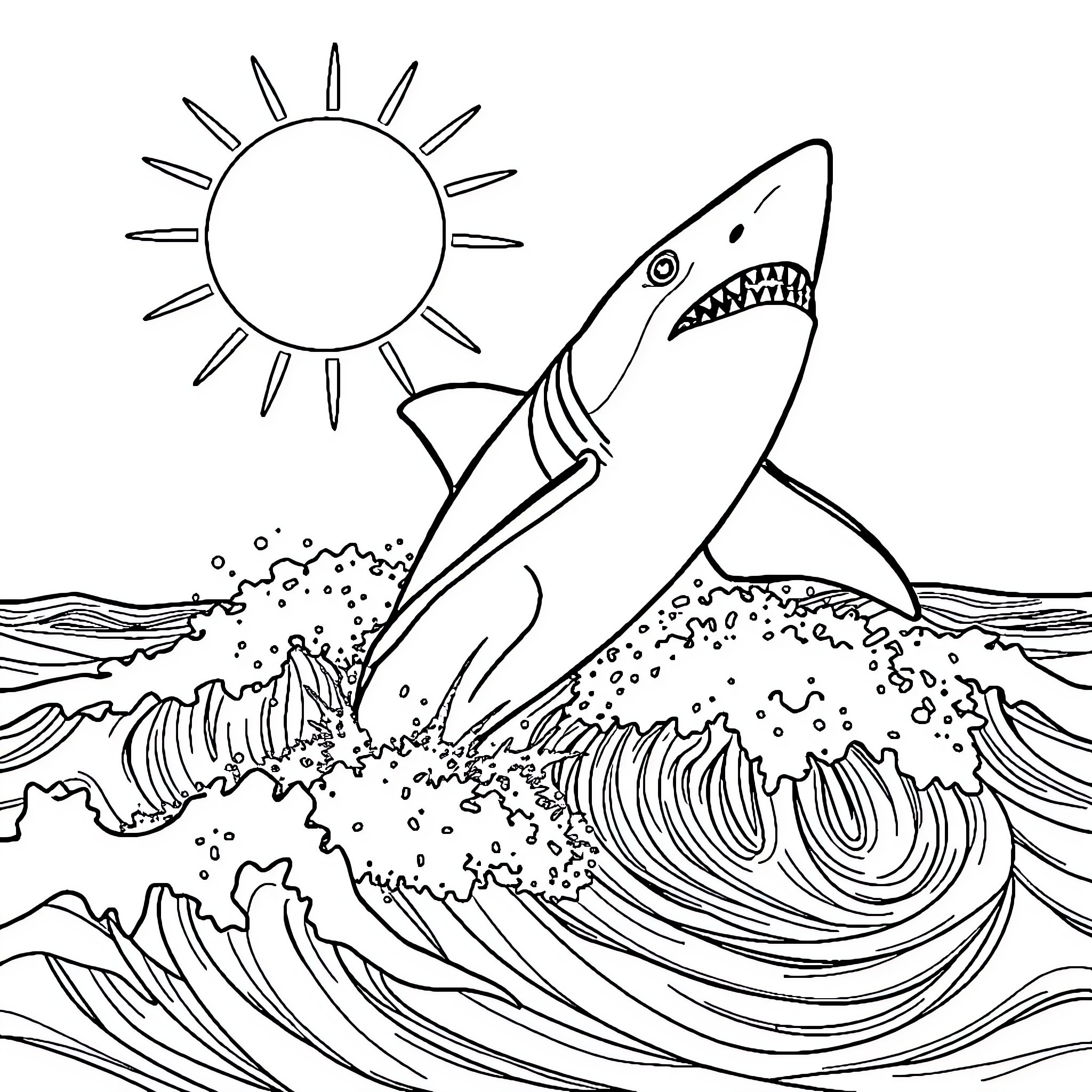 Shark leaping out of the waves towards the sun Coloring Page (free black-and-white line drawing printable PDF for all, from beginners to advanced learners, including children, teens, adults, and seniors)