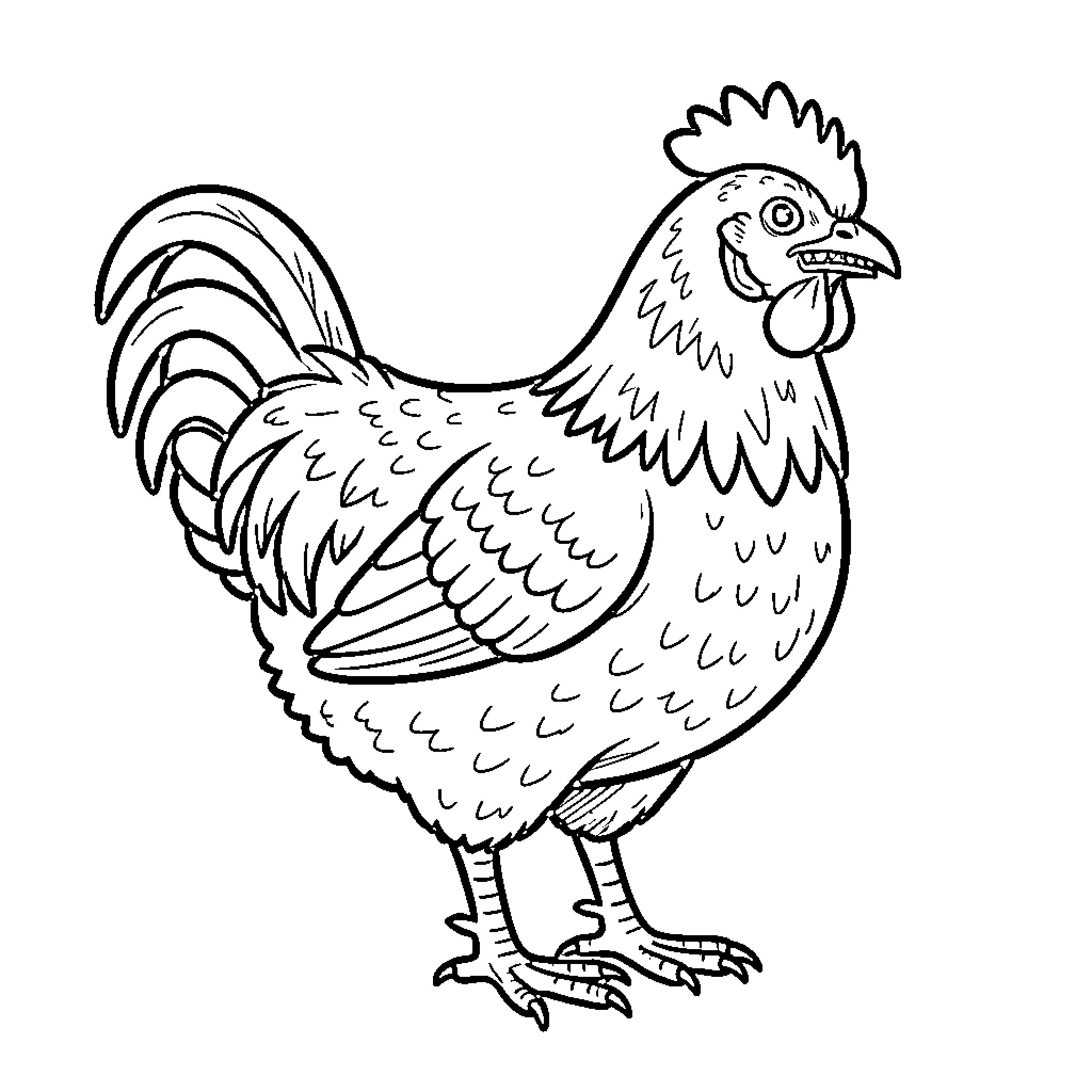 Chicken standing proudly with a wide expression Coloring Page (free black-and-white line drawing printable PDF for all, from beginners to advanced learners, including children, teens, adults, and seniors)