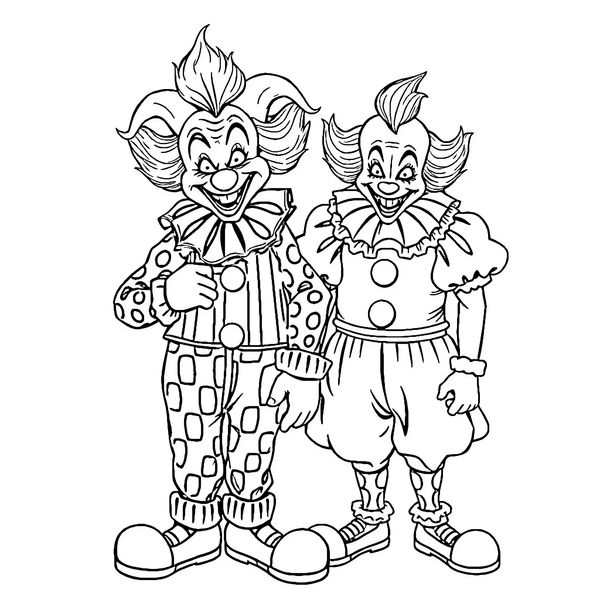 Clown duo in comical costumes and expressions Coloring Page (free black-and-white line drawing printable PDF for all, from beginners to advanced learners, including children, teens, adults, and seniors)