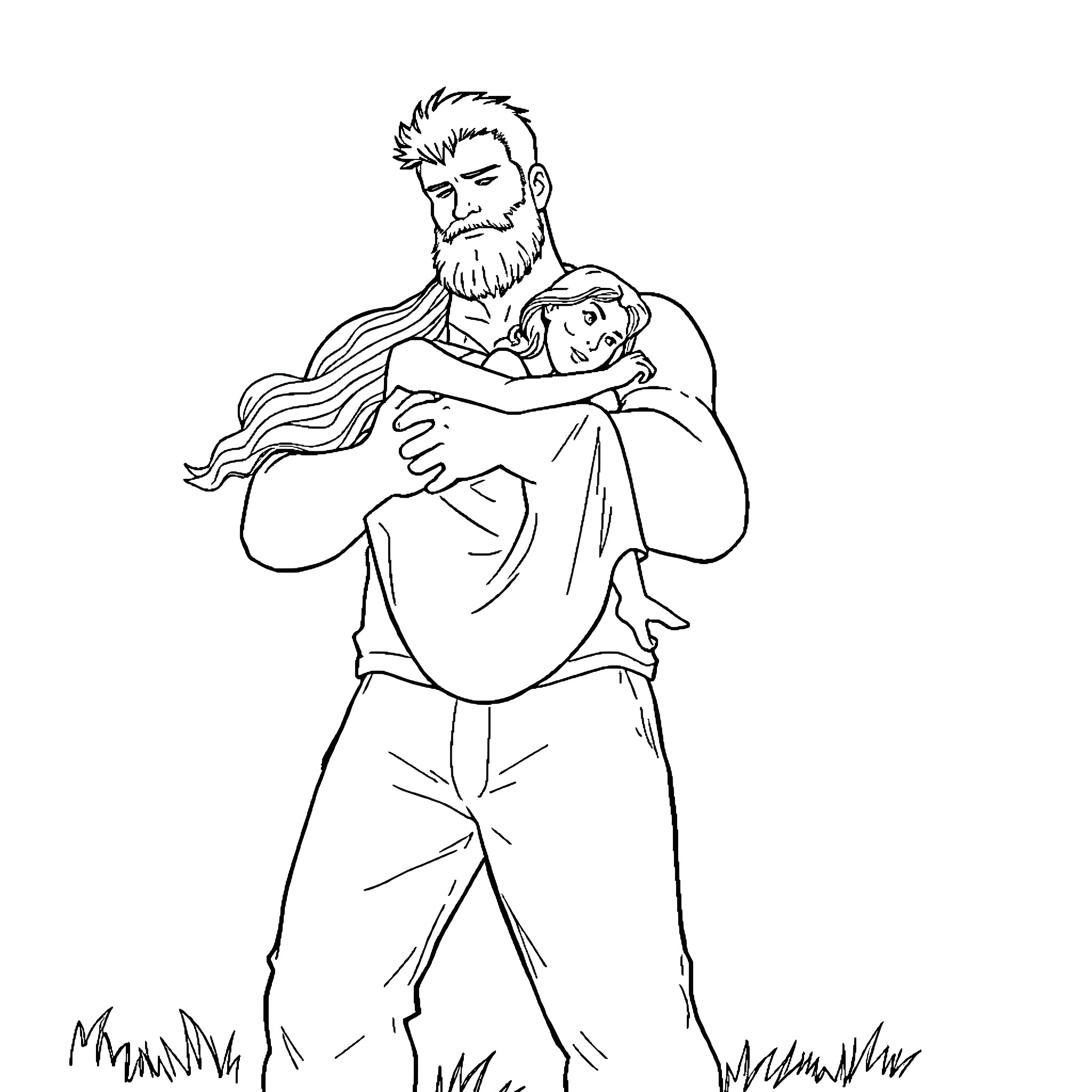 Giant Man Tenderly Embracing a Sleeping Woman Coloring Page (free black-and-white line drawing printable PDF for all, from beginners to advanced learners, including children, teens, adults, and seniors)