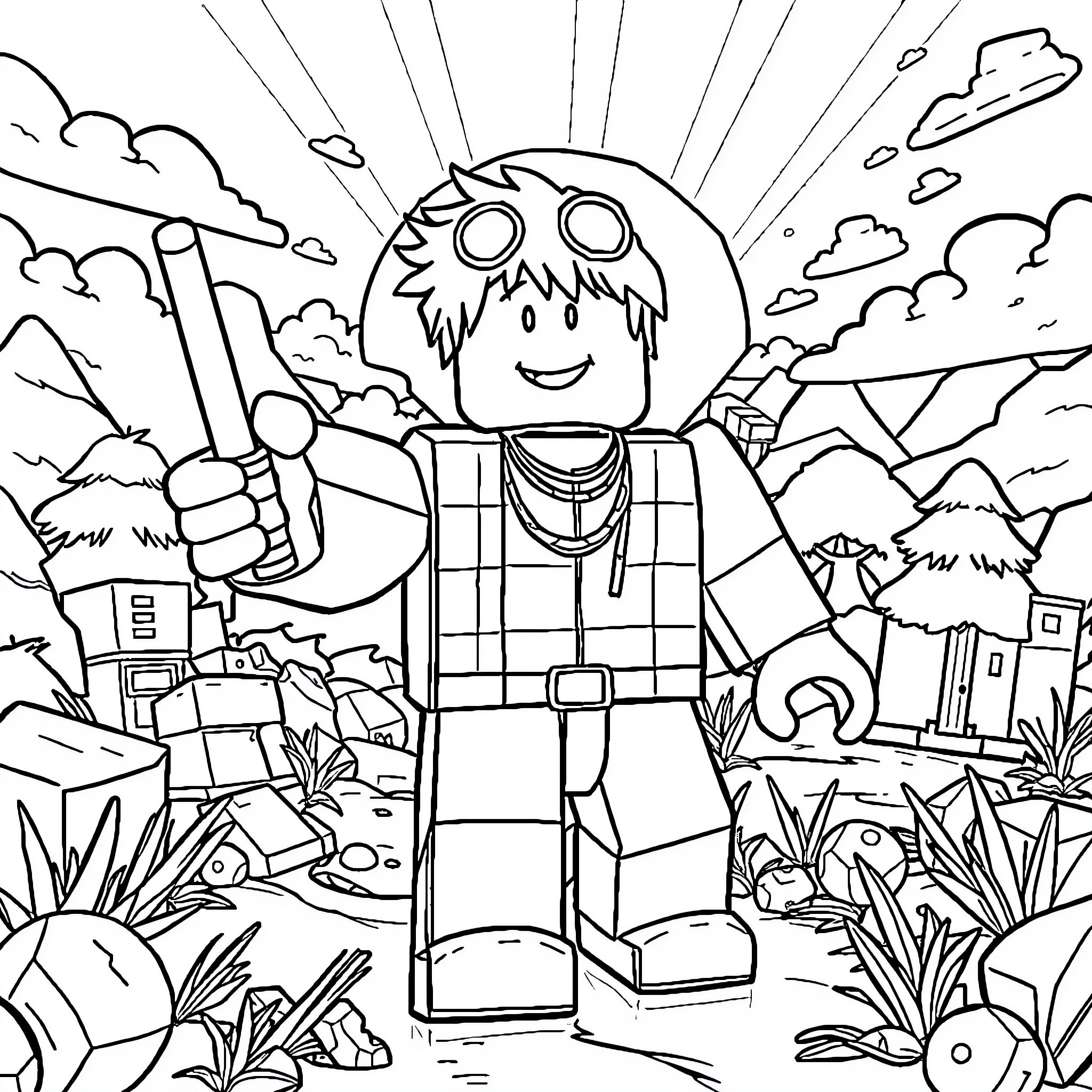 Roblox character exploring the outdoors with excitement Coloring Page (free black-and-white line drawing printable PDF for all, from beginners to advanced learners, including children, teens, adults, and seniors)