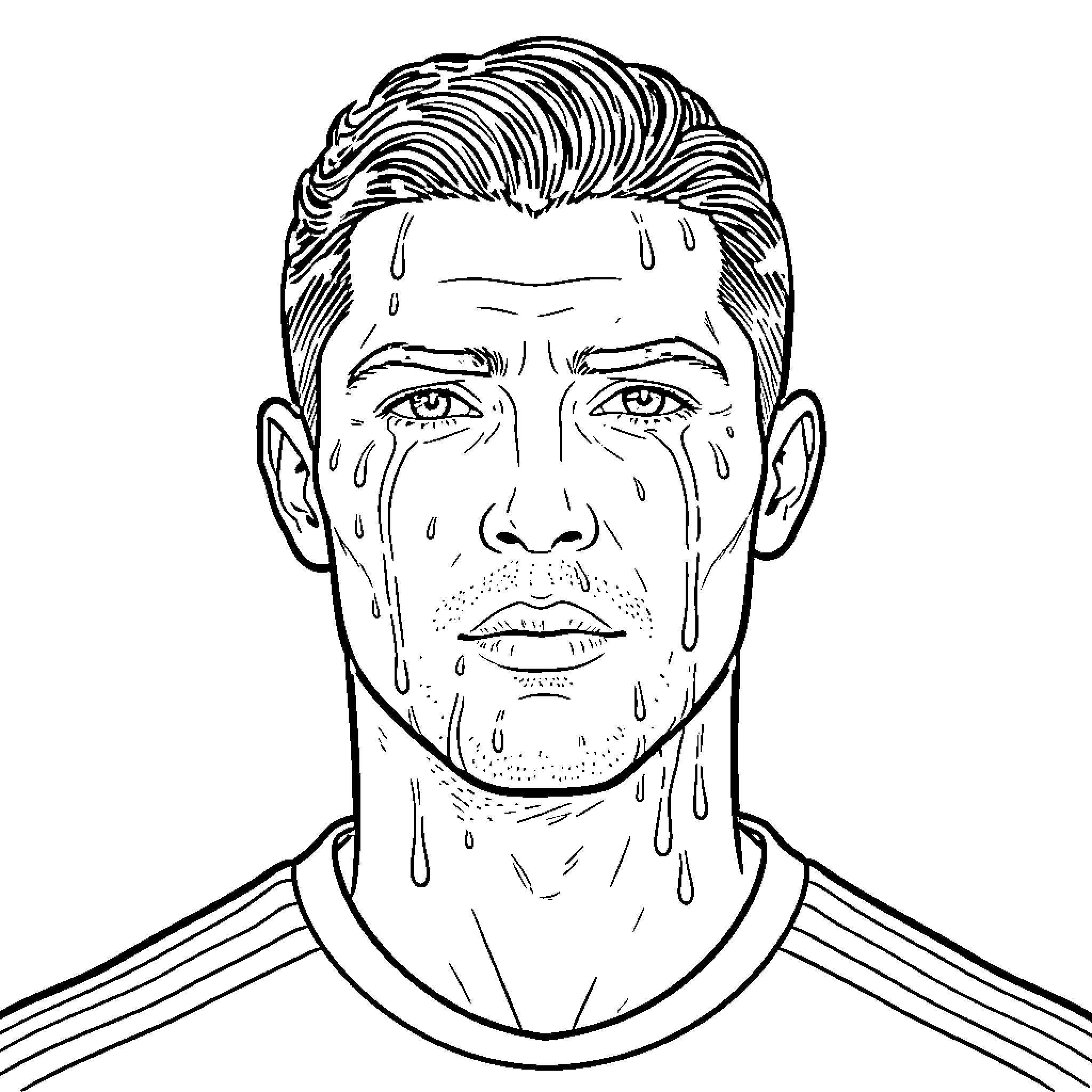 Ronaldo with a serious expression and tears falling Coloring Page (free black-and-white line drawing printable PDF for all, from beginners to advanced learners, including children, teens, adults, and seniors)