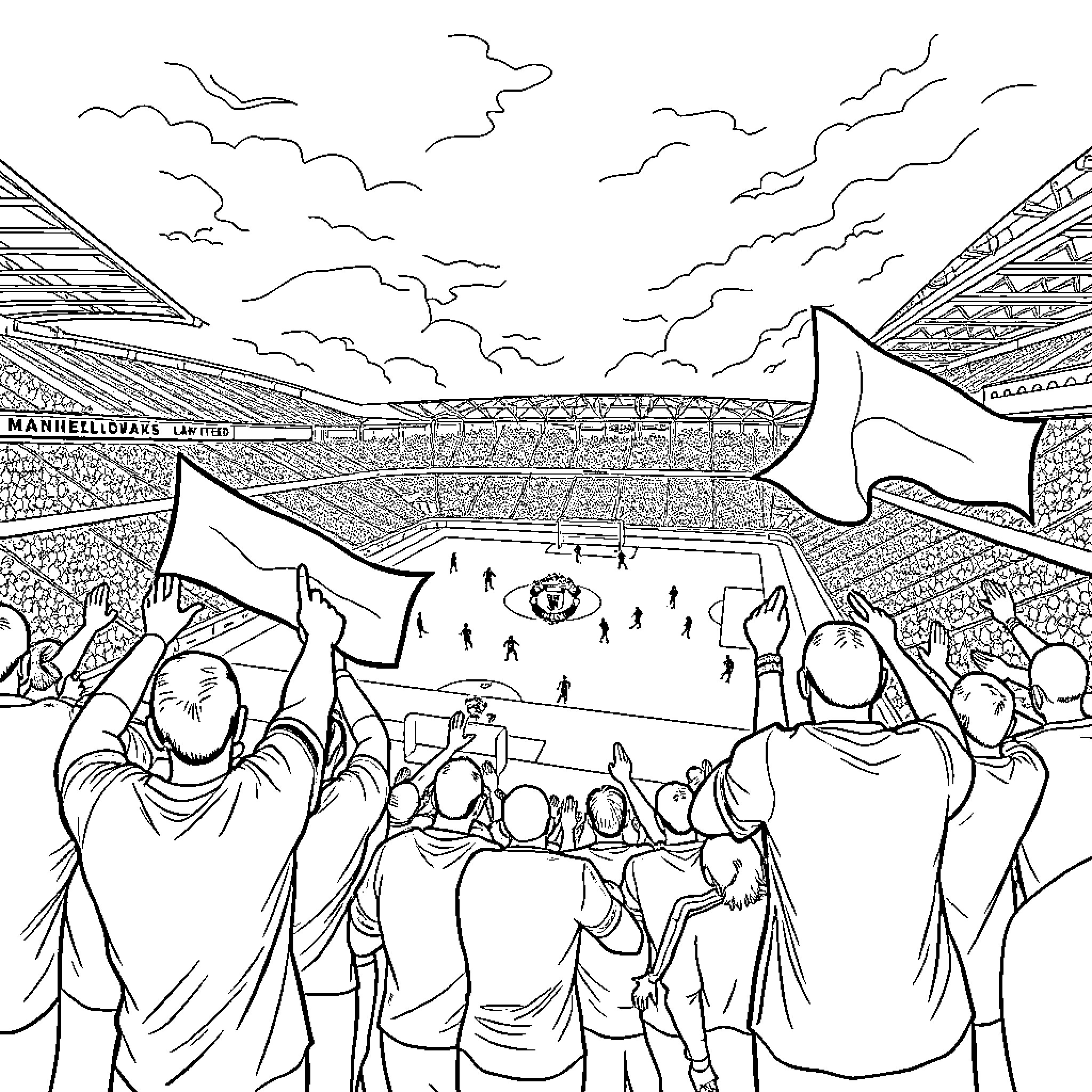 Football fans cheering in a crowded stadium Coloring Page (free black-and-white line drawing printable PDF for all, from beginners to advanced learners, including children, teens, adults, and seniors)