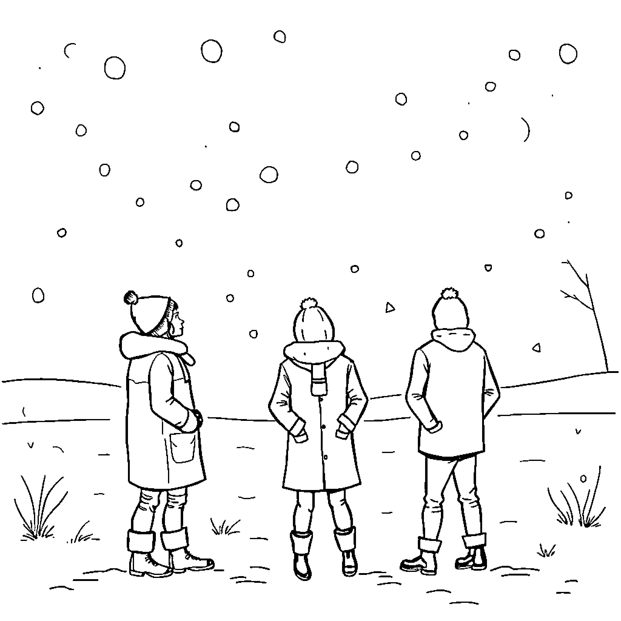 People walking in winter landscape Coloring Page (free black-and-white line drawing printable PDF for all, from beginners to advanced learners, including children, teens, adults, and seniors)